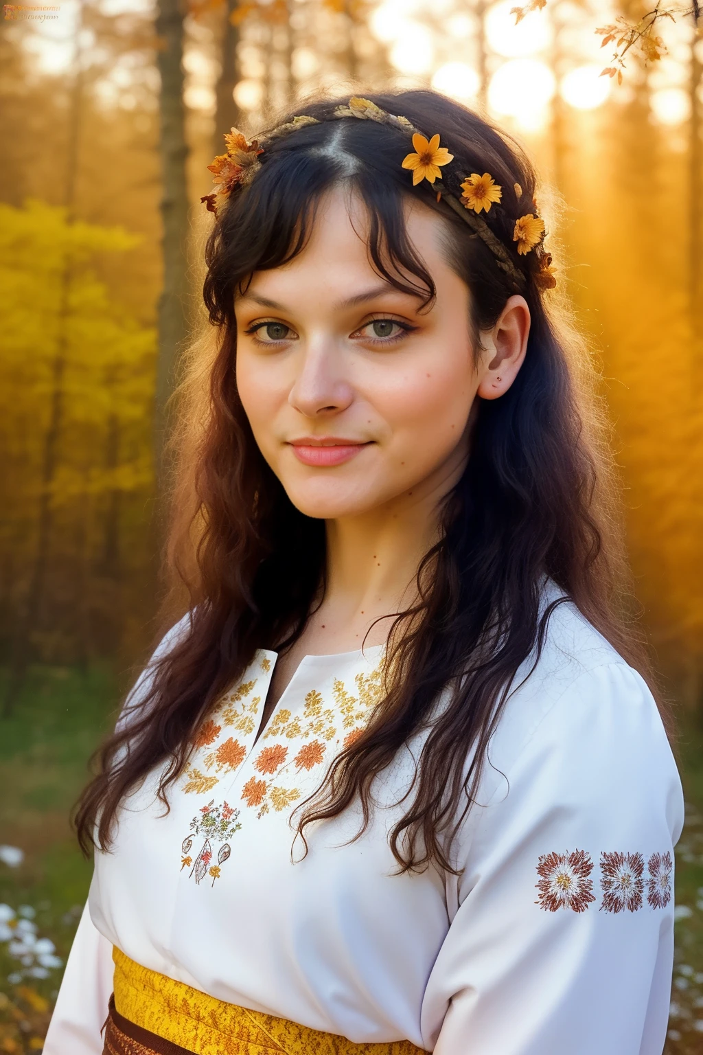 analog photo, portrait of AliceCirilla, look at viewer, (wearing traditional slavic folklore dress:1.2), flowers in hair, autumn forest, birches, golden hour, soft light, volumetric lighting, edge lighting, best quality, highly detailed, masterpiece, 8k resolution, <lora:AliceCirilla:1>,