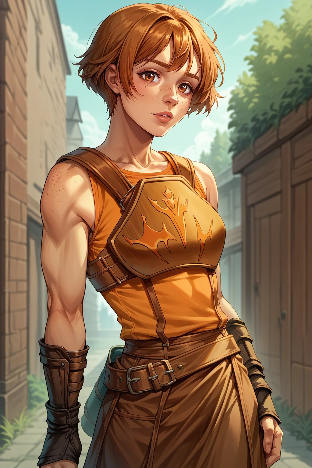 score_9, score_8_up, 1girl, solo, <lora:NSDorothyFE6:1> NSDorothyFE6, freckles, brown hair, short hair, brown eyes, black fingerless gloves, armor, orange shirt, sleeveless, pants under skirt, brown skirt, pants, parted lips