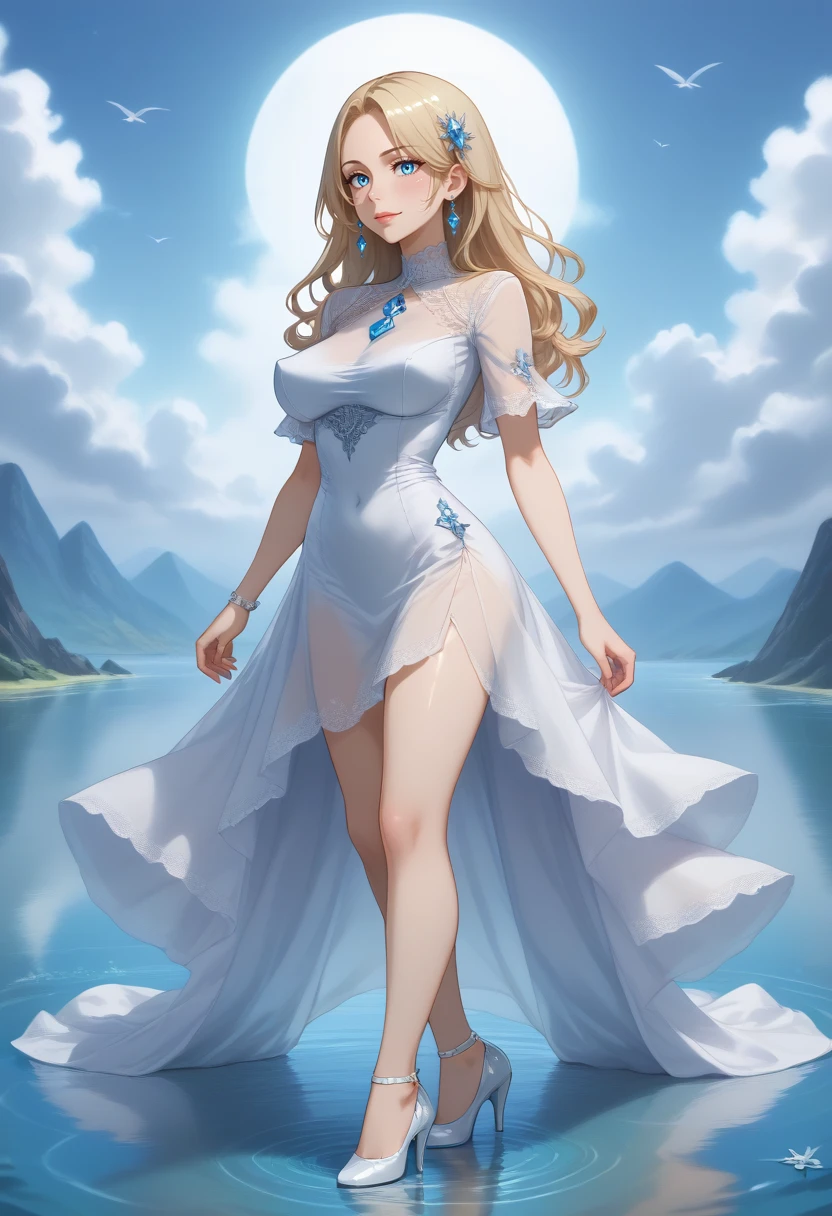 1girl, solo, full body, short sleeves, outdoors, clouds, high heels, covered navel, no panties, blue sky, see-through, profile, lace-trimmed dress, bird, ocean, white footwear, cloudy sky, reflection, diamond \(gem\), horizon, glass slipper, ripples, see-through silhouette, standing on water, Misae Suzuhara, diamond dress, diamond earrings, diamond hair ornament, diamond bracelet, large breasts, swooping breasts, smile, blush <lora:SDXL_Hyper:1> <lora:Timm_Style_XL:0.8> <lora:breasts++-PD-swooping-1.0:1>  <lora:WAYGDLT:1>