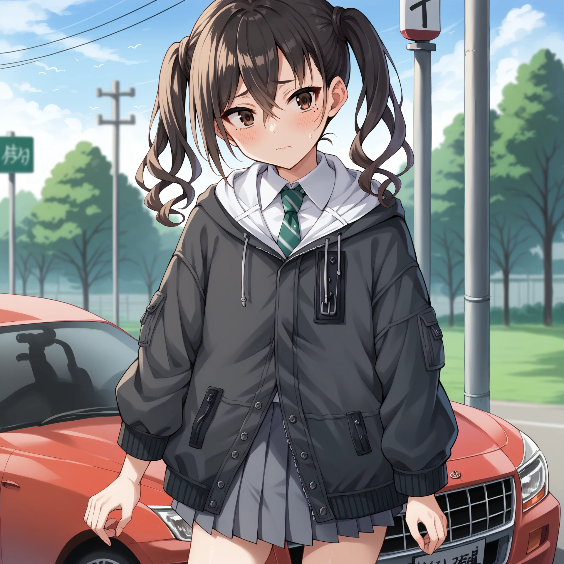 score_9, score_8_up, score_7_up, source_anime, <lora:AkirachanXL-000007:1>, Akirachan, DefaultCostume, black hair, crossed bangs, brown eyes, mole under eye, twintails, wavy hair, black jacket, hood, white collar, short necktie, pleated skirt, standing, blush, nervous, outdoors, red car, field, rural, solo