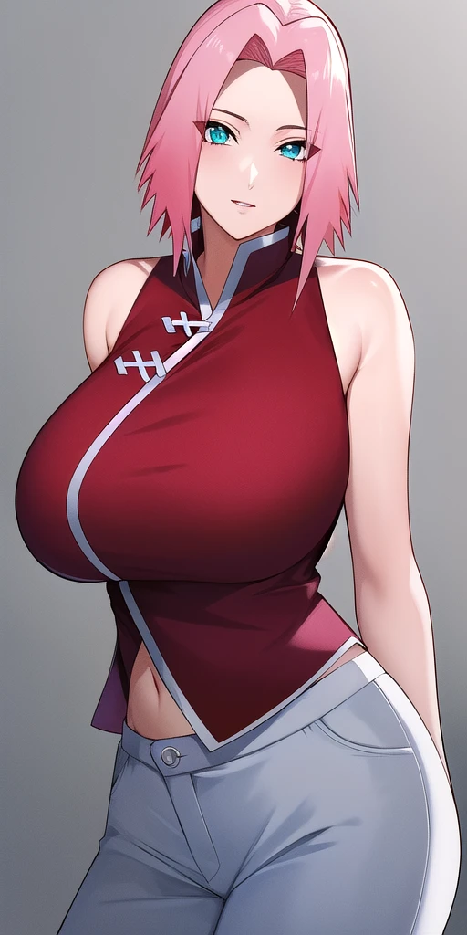 <lora:HarunoSakuraV5:0.7> huge_breasts, harusakushippuden, standing, solo, arms_behind_back, starry_sky,  red_shirt_sleeveless_white_pants_midriff_navel_open_clothes_chinese_clothes, masterpiece, best_quality, detailed_face, detailed_eyes, highres, beautiful, detailed, absurdres,