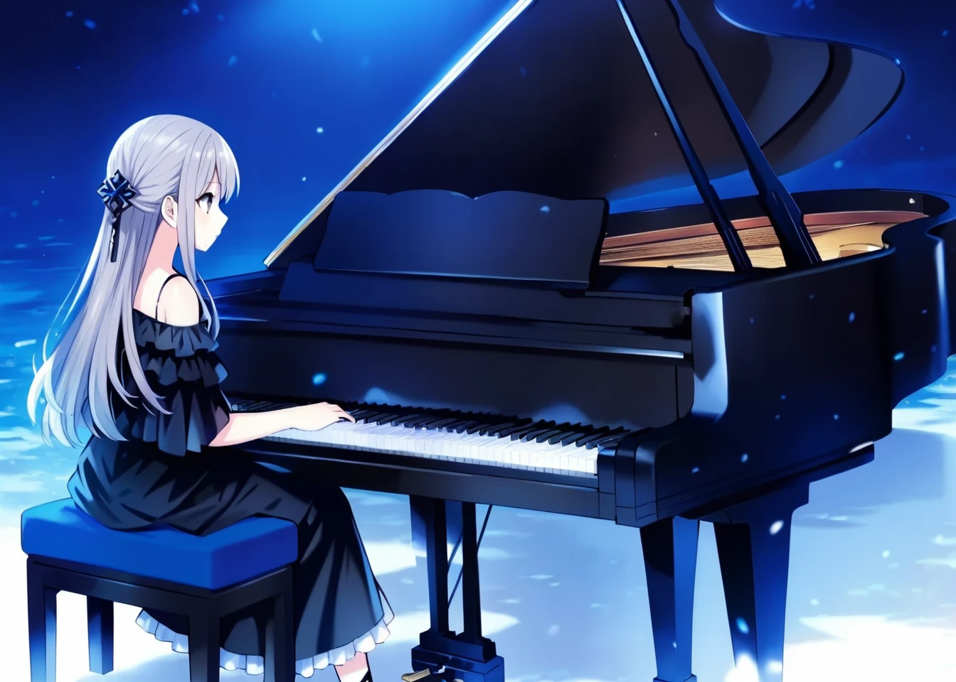 1girl,tsunako, totoki86,
grey hair, grey eyes, long hair, open clothes,frilled dress,hair ornament,baixiaodie,off shoulder,ruins,playing piano, grand piano,      <lora:grand_pianoSY2:1>, masterpiece, newest, absurdres,safe