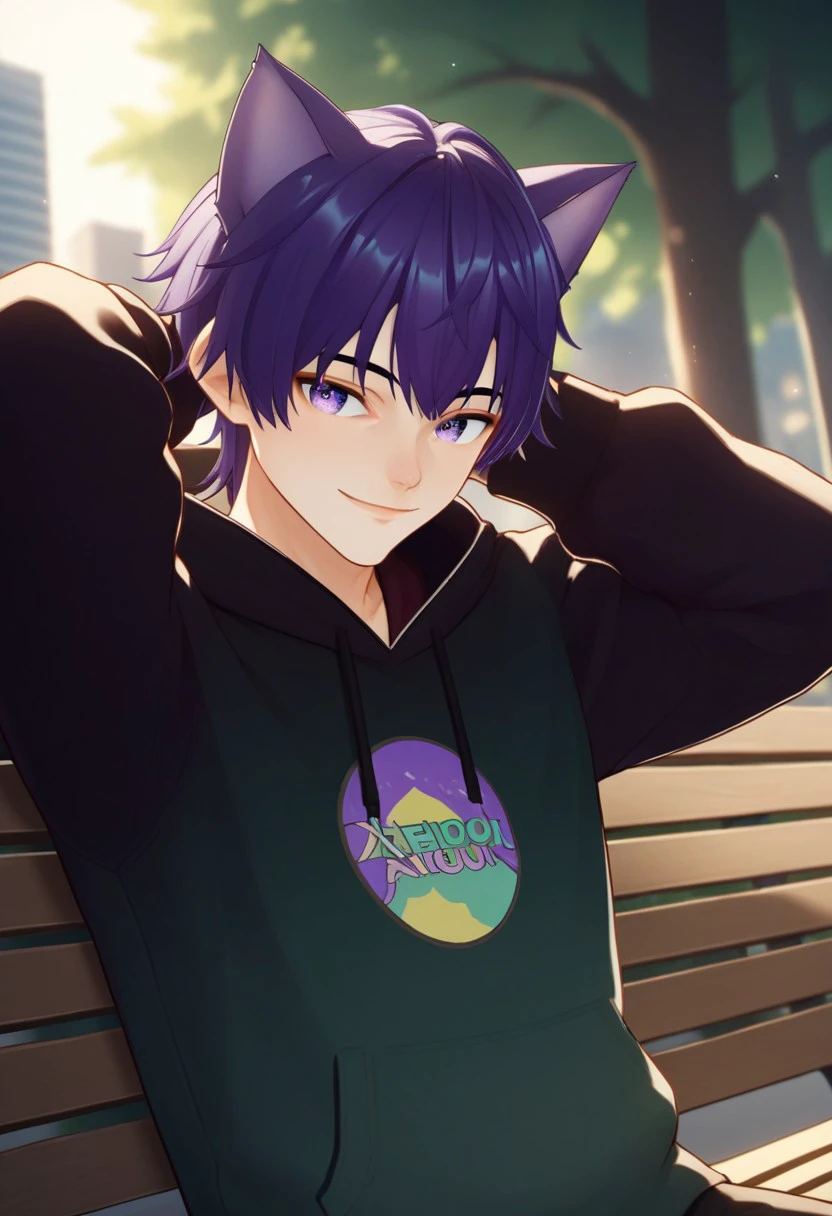 end_vtuber_dusk, source_anime, newest, 1boy, male focus, solo, animal ears, hoodie, hood, cat ears, purple eyes,  smile,  purple hair, sitting, park bench, virtual youtuber, gradient hair, specular highlights, side lighting, city view, outdoors, extreme light and shadow, cinematic lighting, cinematic angle, close up, arms behind head, natural lighting, score_9, score_8_up, score_7_up, score_6_up, score_5_up, score_4_up,