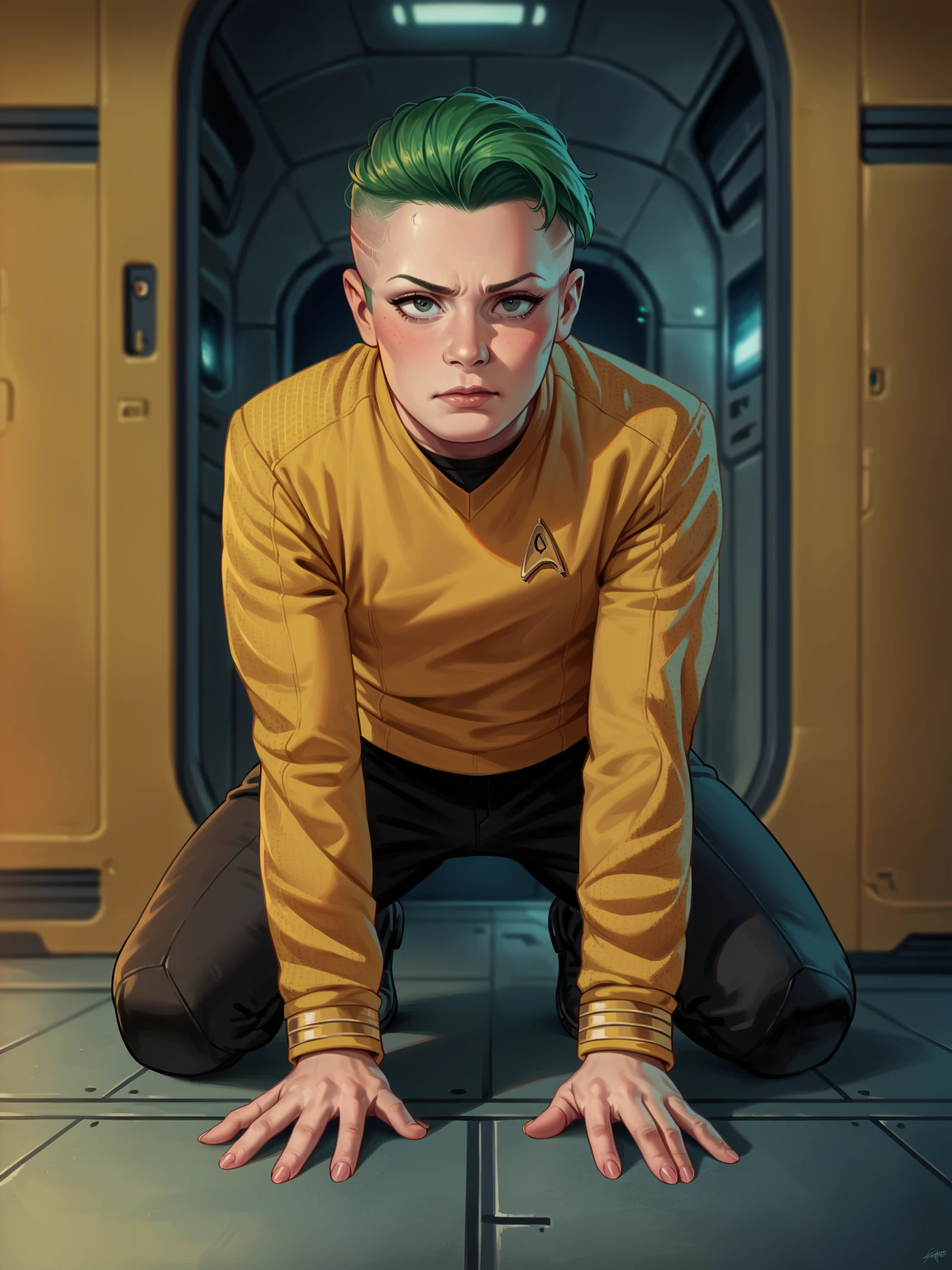 score_9, score_8_up, score_7_up, score_6_up, score_5_up, 1girl in stsnwunf crouching in a duct vent on all fours,star trek yellow uniform,green spiky hair,long sleeves,black pants,spaceship interior, futuristic, scifi, machinery,young woman<lora:ponySNW:0.8>