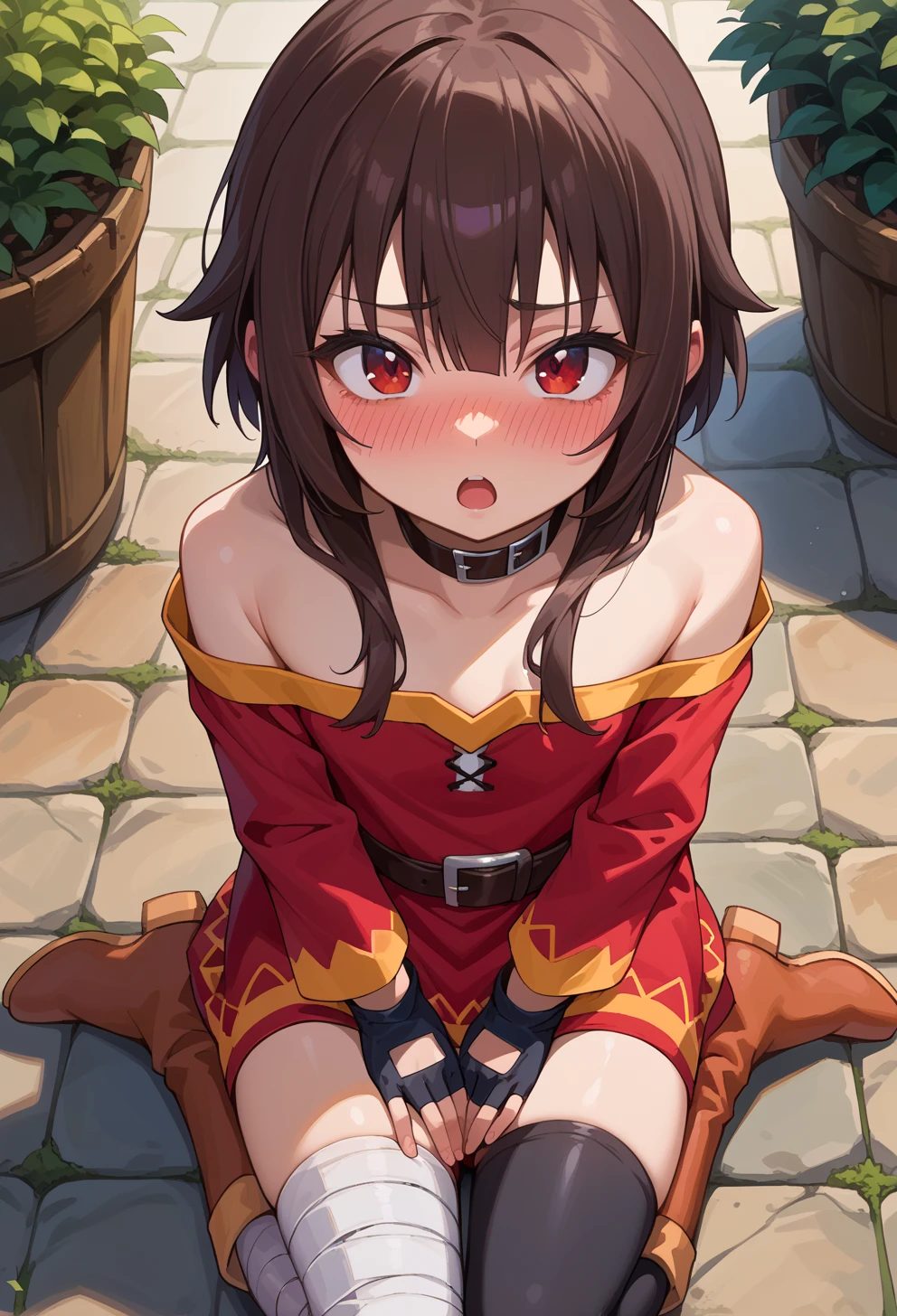 score_9, score_7_up, source_anime, BREAK <lora:AEMegumin-000009:1> AEMegumindef, red eyes, Brown hair,  Belt choker, red dress, off-shoulder dress, Black gloves, fingerless gloves, Belt, mismatched legwear, asymmetrical legwear, bandaged leg, black thighhighs, knee boots, full-face blush, wariza, sitting, open mouth, looking up, from above,