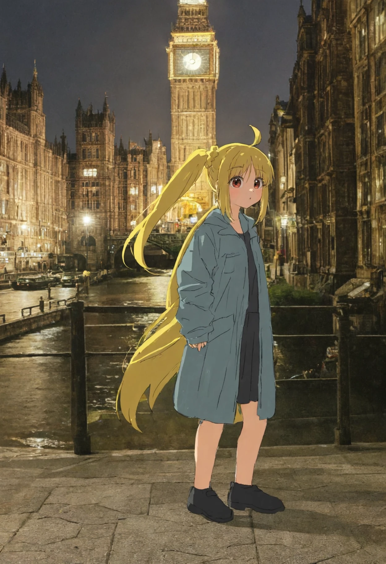 1girl stands in front of a clock tower with big ben in the background, solo, ijichi nijika, yellow hair, night, dark, photo background, <lora:Y_XNight:0.6>