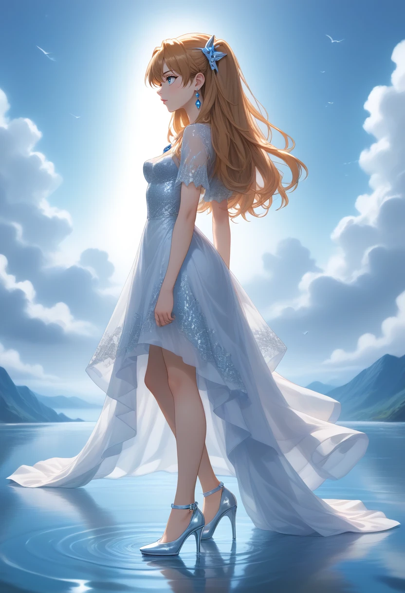 1girl, solo, full body, short sleeves, outdoors, clouds, high heels, from side, blue sky, see-through, profile, lace-trimmed dress, bird, ocean, white footwear, cloudy sky, reflection, diamond \(gem\), horizon, glass slipper, ripples, see-through silhouette, standing on water, Asuka Langley, diamond dress, diamond earrings, diamond hair ornament, diamond bracelet <lora:SDXL_Hyper:1> <lora:Timm_Style_XL:0.8> <lora:breasts++-PD-swooping-1.0:1>  <lora:WAYGDLT:1>