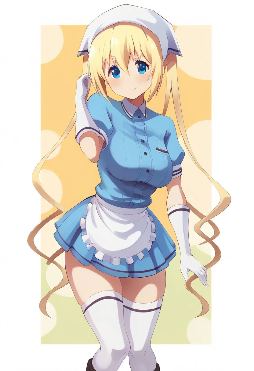 Nero, score_9, score_8_up, score_8, big breasts, (curvy), cute, eyelashes,     
rating safe, 
BREAK, 
hinata kaho,blue eyes,blonde hair, twintails, long hair, head scarf,blue shirt,white apron,blue skirt,white thighhighs, gloves,black footwear
,BREAK, 
smile, looking at viewer, cowboy shot,  
abstract background, 
zPDXL, Expressiveh