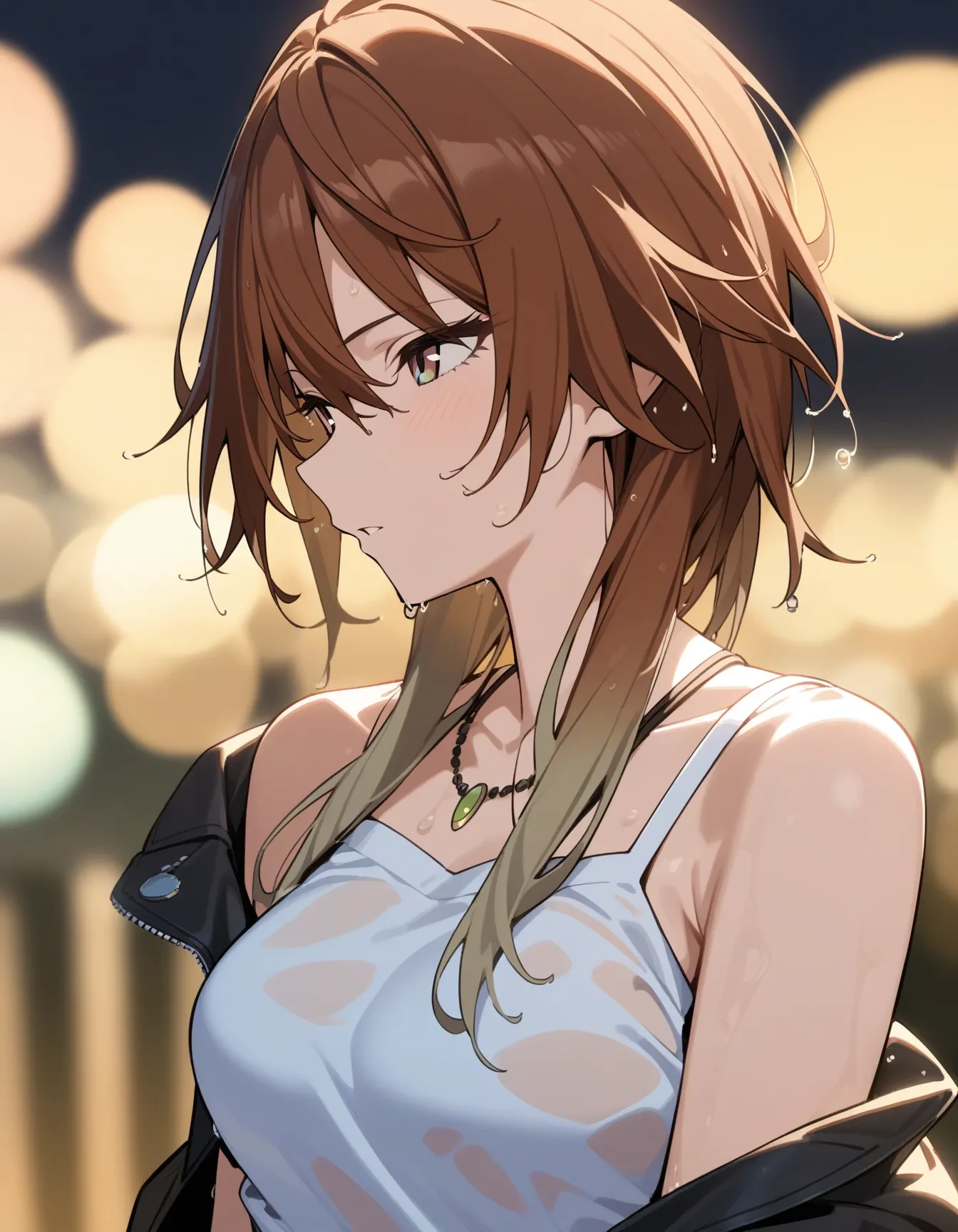 m_aketa, 1girl, solo, blush, multicolored hair, gradient hair, blonde hair, brown hair, brown eyes, gradient eyes
blurry, looking afar, wet, upper body, jewelry, jacket partially removed, necklace, wet hair, blurry background, depth of field, bokeh, water drop, sleeveless, outdoors, breasts, wet clothes, collarbone, night, profile, jacket, off shoulder, dress, medium breasts, looking away, parted lips
masterpiece, best quality, very aesthetic, absurdres
<lora:m_aketaXL_animagine:1>