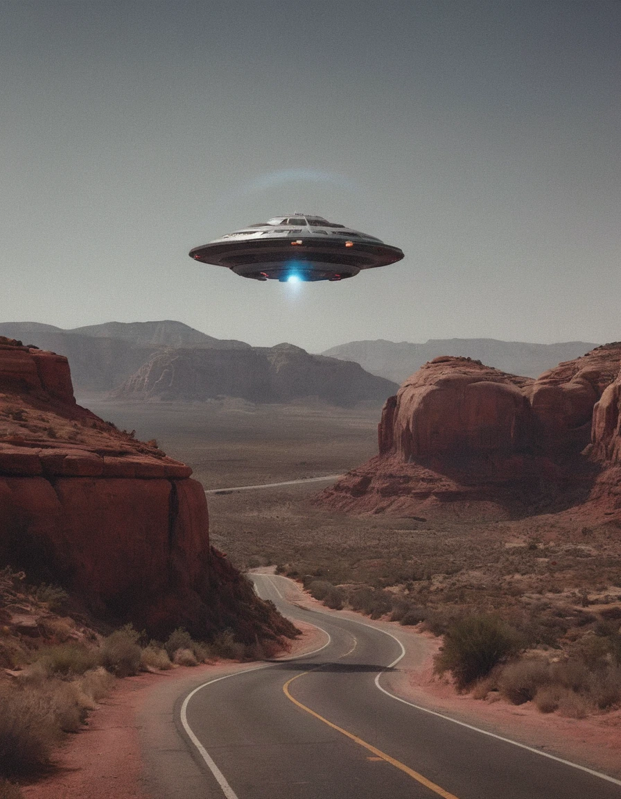 cinematic photography ufo on a mountain surrounded by red rocks alongside a desert highway