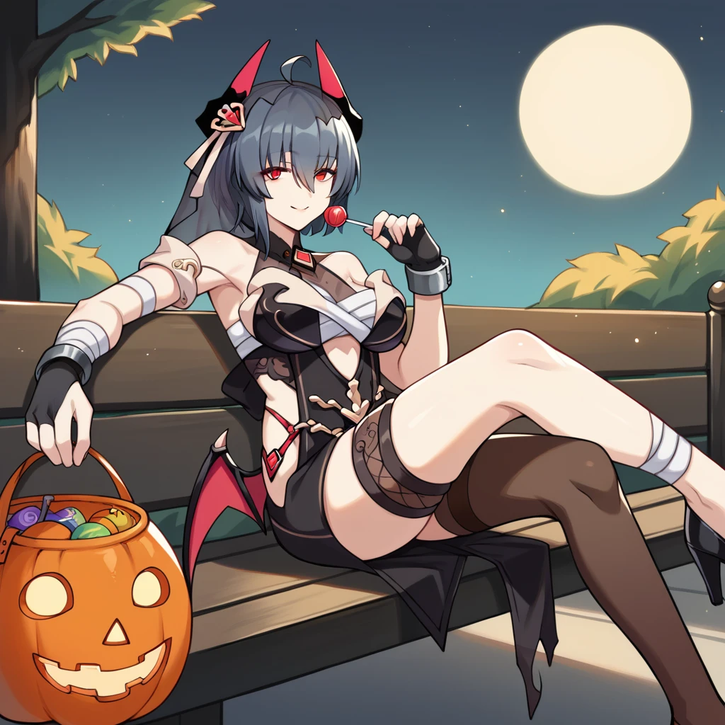 score_9_up, score_8_up, score_7_up, score_6up, source_anime, 1girl, solo, Raven, Raven_Spooky, masterpiece, best quality, shadow, street lamp, trees, night time, moon, sitting on bench, crossed legs, holding lollipop, gentle smile, basket with candy, trick or treat, foreshortening, looking at you, close up, from below, from side, high heels, short hair, black hair, red eyes, hair between eyes, black underwear, single thighhigh, dress, veil, demon wings, halloween costume, horns, bandages, metal cuffs, fingerless gloves, hair ornament, black gloves, ahoge, dynamic cowboy shot, mature body, outdoors, park background,