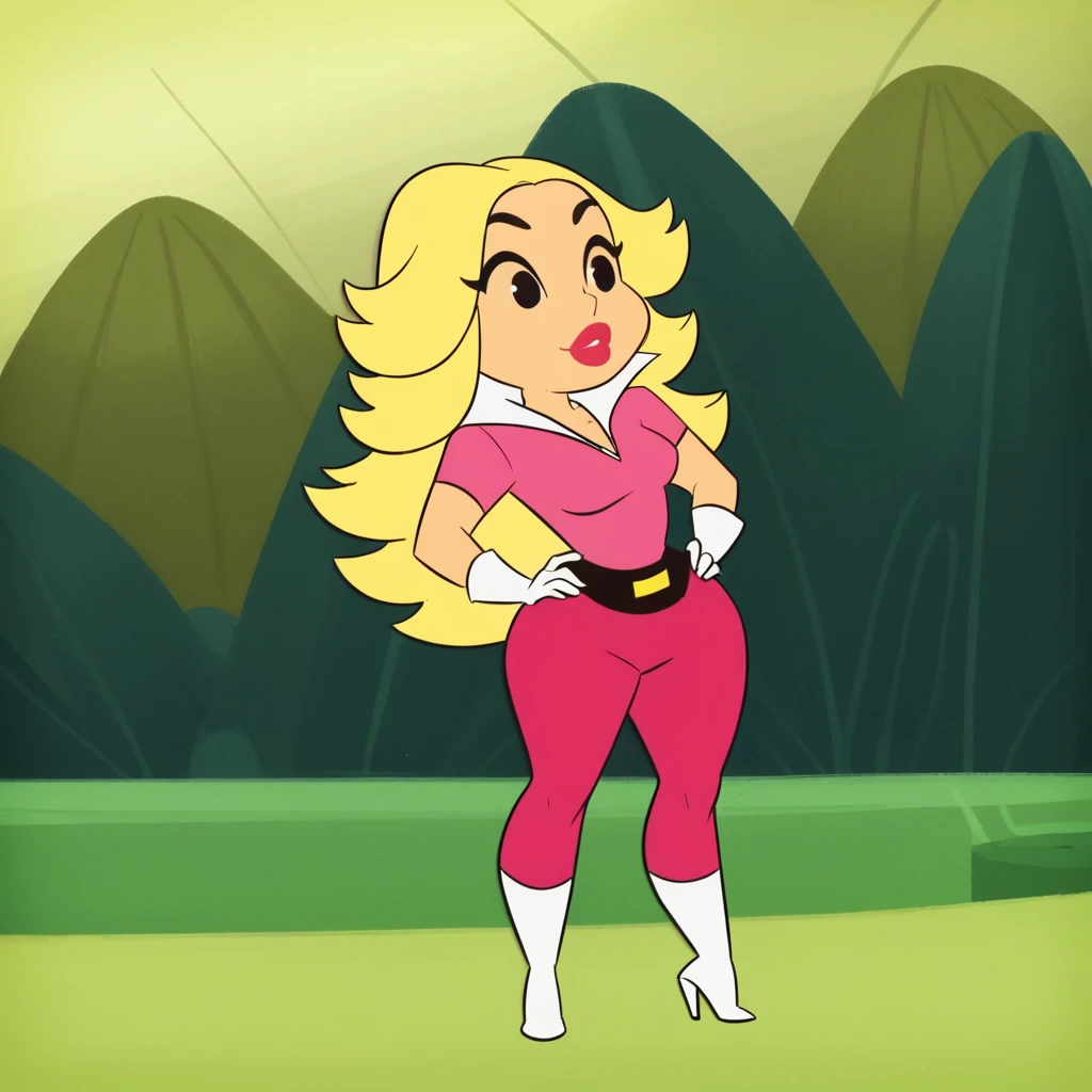 score_8_up, BREAK, Bebe_Rexha, 1girl, solo, blonde hair, long hair, black eyes, lipstick, pink shirt, short sleeves, pop collar, white collar, white gloves, pink legwear, white footwear, <lora:Bebe_Rexha_PXL_Leaf1:1>,  outdoors, hands on own hips, full body, forest,