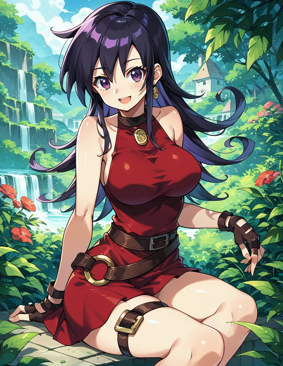 1girl,solo,<lora:tasogaremimi_pony:1>,tasogaremimi,black hair,purple hair,purple eyes,long hair,
gloves,breasts,fingerless gloves,red dress,belt,blush,looking at viewer,sleeveless,thigh strap,bare shoulders,short dress,sleeveless dress,smile,, score_9,score_8_up,score_7_up,score_6_up,score_5_up,score_4_up,
