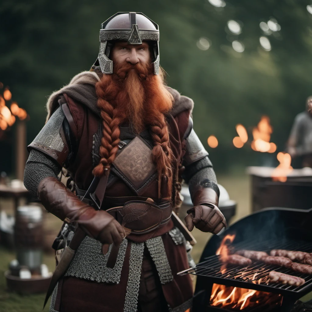 cinematic photo a full body portrait old man, redhead, helmet, braids, armor, facial hair,  belt,shoulder armor, wrinkled skin, coocking saussages on a barbecue <lora:Gimli1024:0.8> . 35mm photograph, film, bokeh, professional, 4k, highly detailed