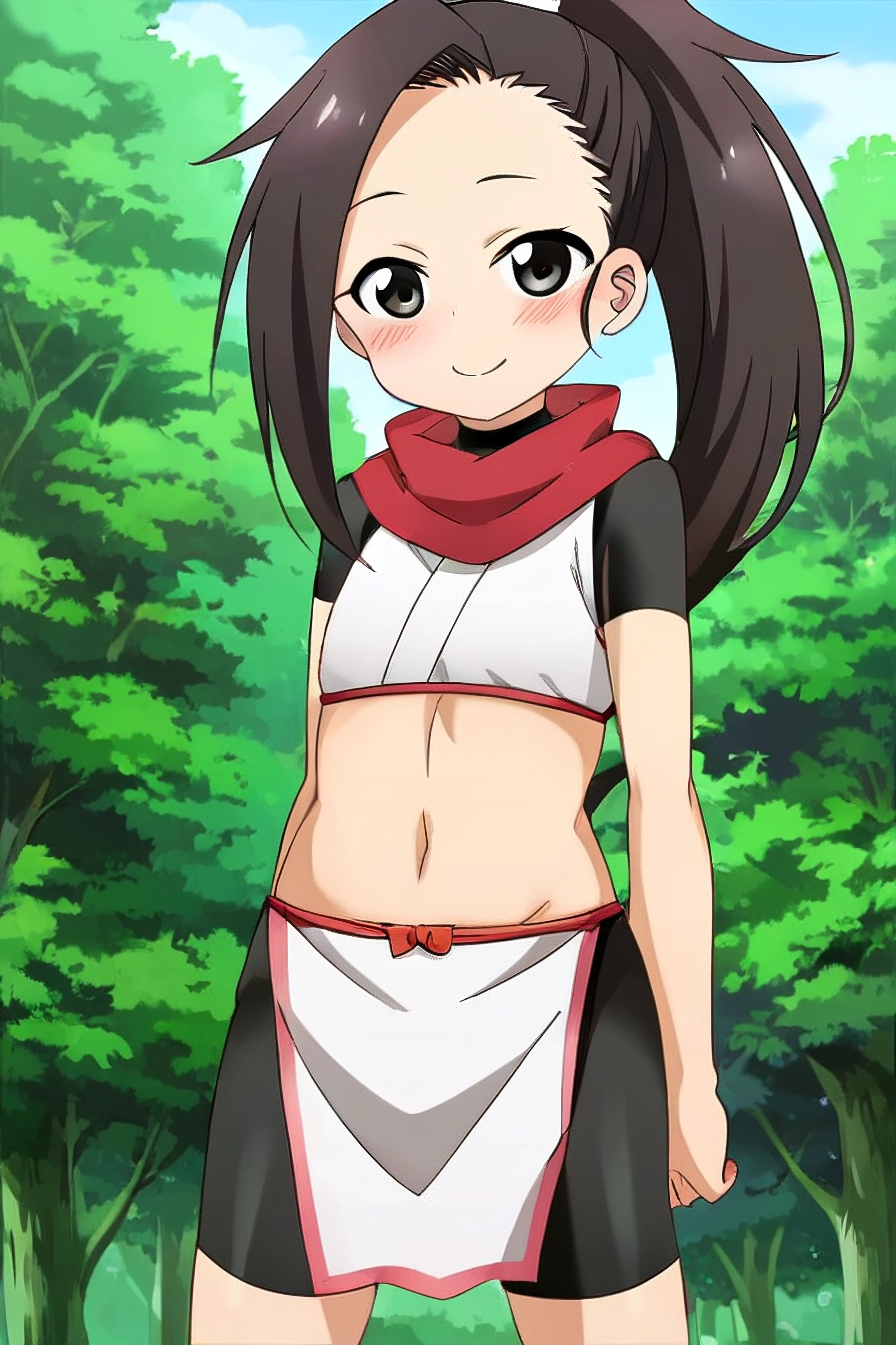 <lora:kunoichitsubaki:0.7> kunoichitsubaki, 1girl, solo, ponytail, smile, red scarf, crop top, bike shorts, pelvic curtain, outdoors, forest, blush, 8k, highly detailed