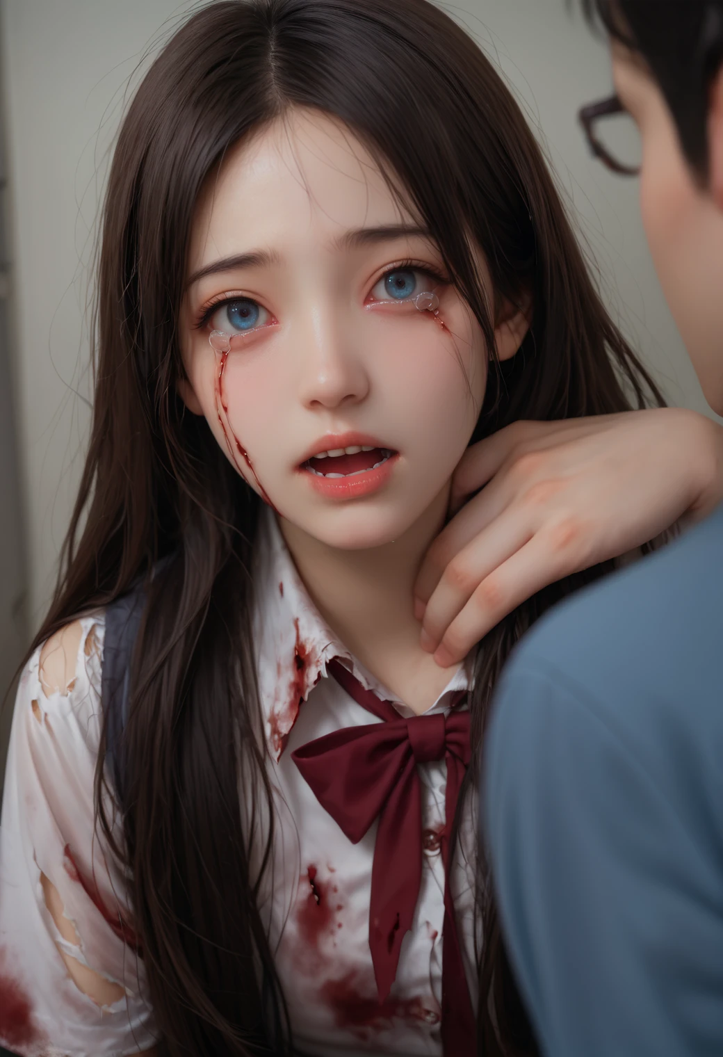 score_9,score_8_up,score_7_up,highly detailed,high budget,masterpiece,best quality,perfect anatomy,very aesthetic,8k,
1girl, blood, blue eyes, long hair, black hair, teeth, realistic, looking at viewer, open mouth, tears, shirt, torn clothes, brown hair, 1boy, horror (theme)