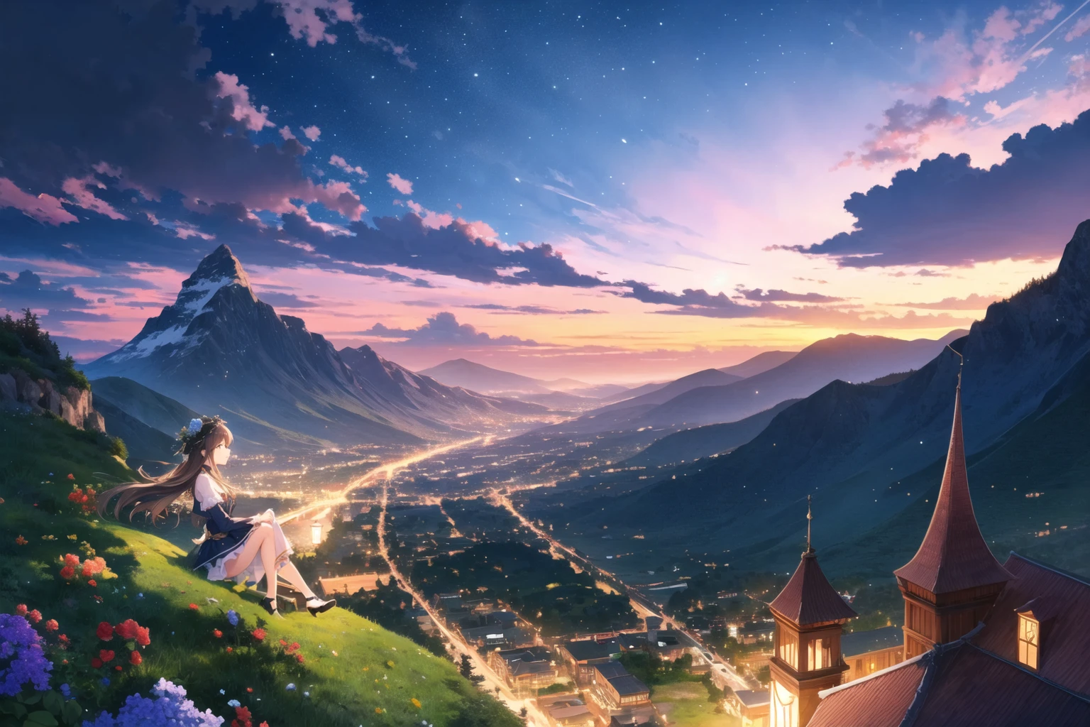 masterpiece,best quality,CG,wallpaper,HDR,high quality,high-definition,extremely detailed,(detailed light),extremely delicate and beautiful girls,floating,bloom,
BREAK
(1girl:1.2),extremely detailed sky,cloudy sky,mountainous horizon,
BREAK
<lora:Silicon-landscape-isolation:1>,