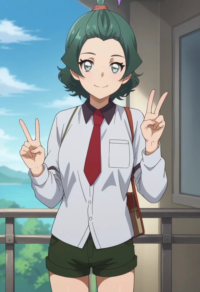 score_9, score_8_up, score_7_up, source_anime, highly detailed, 
ayu, solo, 1girl, shorts, green shorts, smile, green hair, necktie, shirt, red necktie, topknot, standing, long sleeves, multicolored hair, grey eyes, closed mouth, white shirt, looking at viewer collared shirt, short hair, purple hair, upper body,
outdoor, sky, blue sky, shinkansen, v sign,