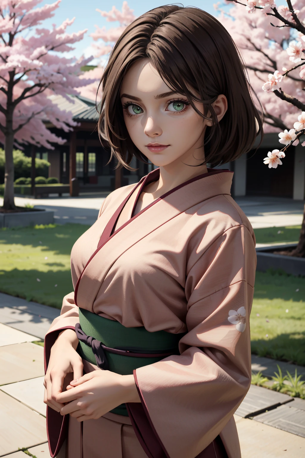 ((ultra detailed, masterpiece, absurdres))
 <lora:SH4Eileen:0.8>
SH4Eileen, 1girl, green eyes, brown hair, looking at viewer, in a traditional kimono, surrounded by cherry blossoms