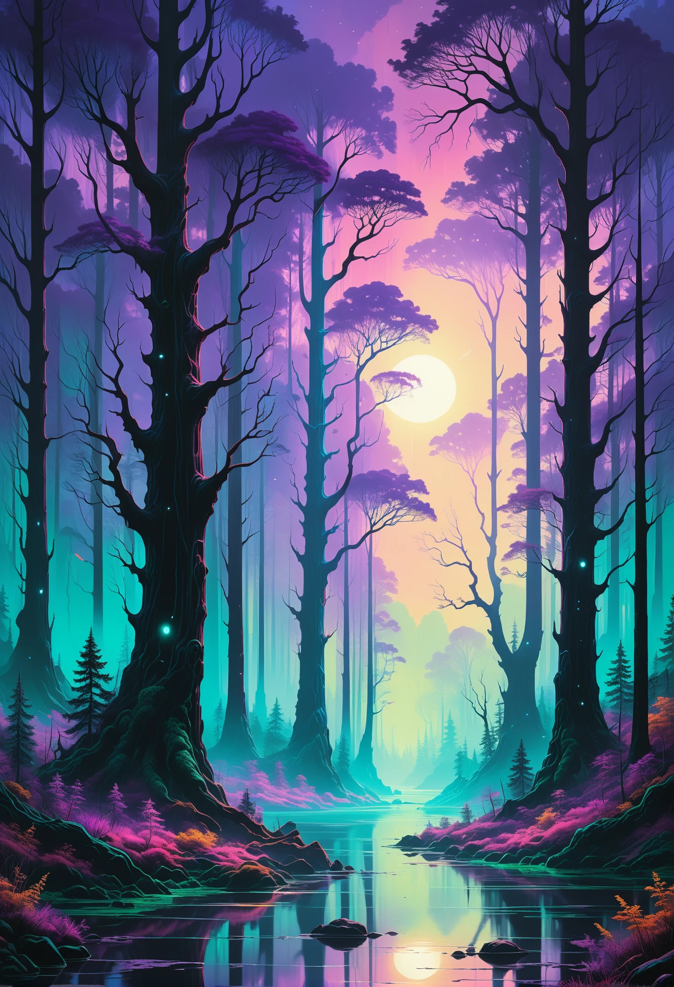 A highly detailed and hyper-realistic image by Alena Aenami, Archibald Thorburn, and Daniele Afferni, showing a serene alien forest with mystery colors. The forest features towering, ancient trees with intricate patterns in the style of monochromatic silhouette reflection, utilizing a limited dark palette with dusky purple, emerald green, and rusty red, accented by bright highlights of electric blue and neon yellow. The atmospheric haze and highly dramatic cinematic lighting create a mysterious and enchanting ambiance. Motion blur and film grain add to the professional quality, while the composition captures the finest details, achieving the ultimate detail level. This results in a stunning masterpiece of the highest quality. <lora:Wildcard-Detail_Enhancer:1>