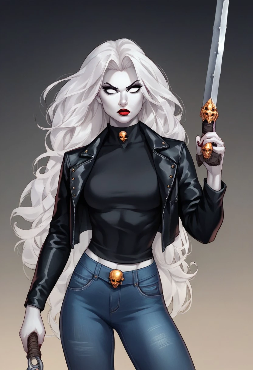 Lady_Death, 1girl, solo, long hair, denim pants, black shirt, leather jacket, white hair, makeup, colored skin, lipstick, pale skin, holding, holding weapon, no pupils, white skin, white eyes, score_9, score_8_up, score_7_up, score_6_up, score_5_up, score_4_up,