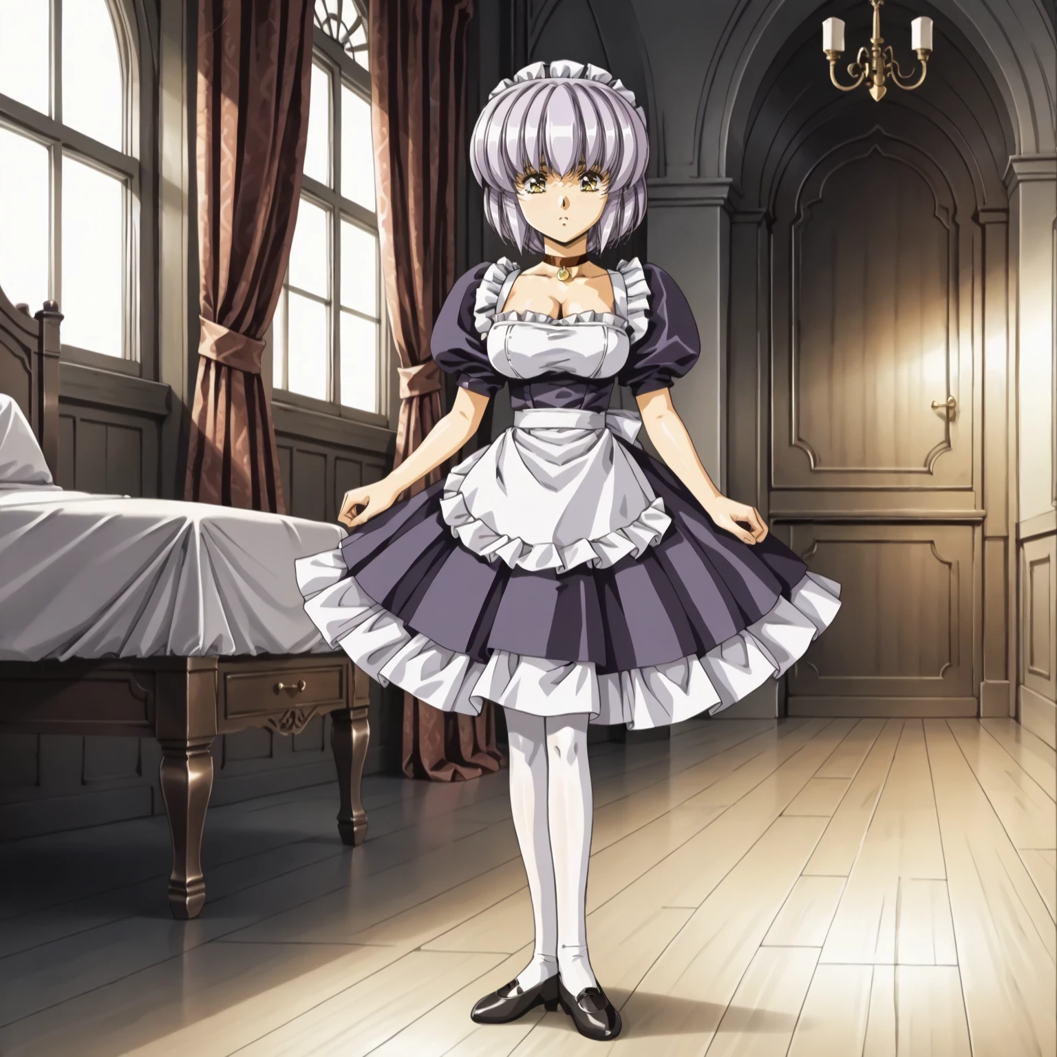 <lora:FI_SophiaXLpony002>,
solo,
Sophia,1girl,light purple hair,short hair,sidelocks,yellow eyes,
large breasts,
maid headdress,
choker,
maid,
white_pantyhose,
full body,standing,
indoors,