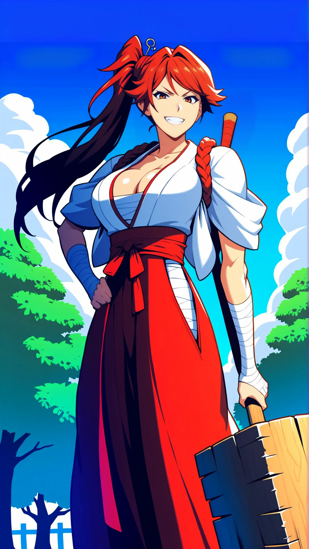 fantasy-style, (zPDXL2), (((cowboy shot)), (((sehele style))), webtoon, anime, centered, 1girl, 1woman, holding a wooden hammer, hatshi, smiling, cleavage, sarashi, vermilion red hair, vermilion eyes, vermilion ponytail on the right side, bandages, shrine maiden's outfit, outdoors, Japan town background, <lora:sd_xl_dpo_lora_v1:1>, <lora:OMG-Is-DucHaiten_v1.0:0.1>, <lora:Seunghee_Lee_Style_PDXL:1>, <lora:ManhwaSDXL:0.8>,  <lora:hatshi_PonyXL_r1:0.8>