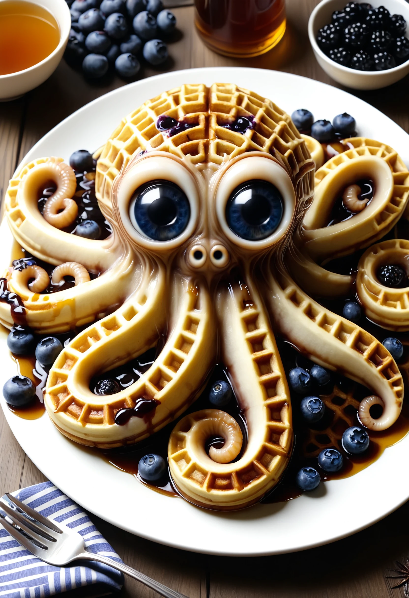 intricate octopus-waffle with huge googly eyes, drenched in maple syrup, blueberries
<lora:dvr-mz:1.2> dvr-mz