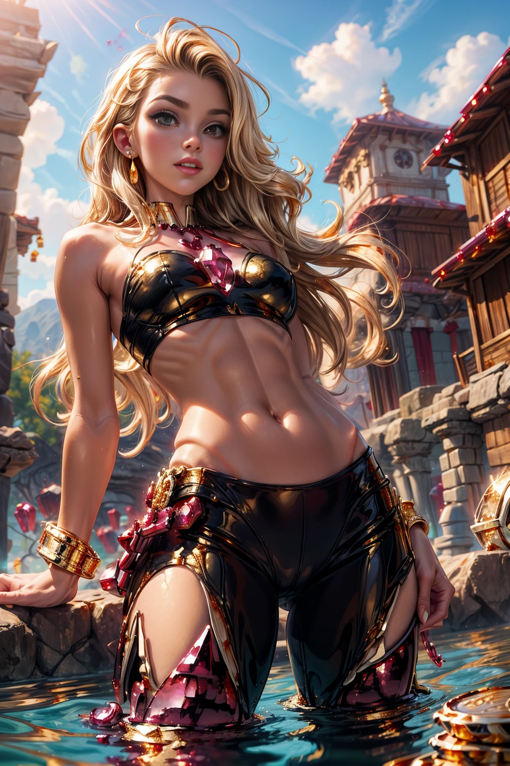 <lora:GoldRubiesWorld:1> (blonde long hair:1.6) Tower13_Beekeenee ( skinny, slim, (abs:0.9), slender, narrow waist:1.4) (GoldRubiesWorld sexy clothes :1.5),  ( GoldRubiesWorld A submerged Ancient city with advanced technology and wisdom. :1.5),   <lora:more_details:0.75>