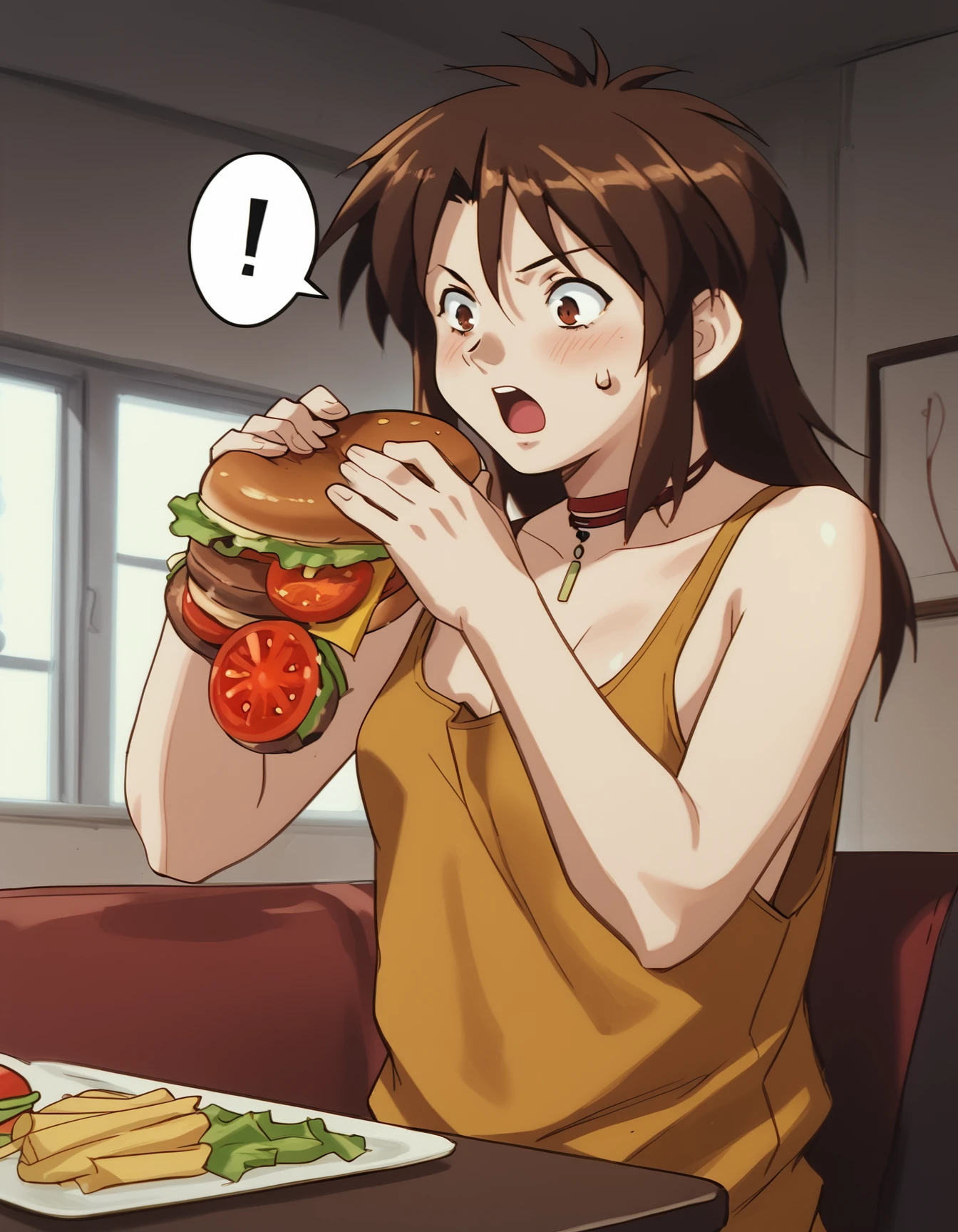 score_9,  score_8_up, score_7_up, source_anime, <lora:priss-v3-ponyxl-000005:1> priss, brown eyes, ribbon choker, tank top, no pants, <lora:Burger_Malfunction-PonyXL-1024px:0.8> standing, surprised, eating, holding food, burger, burger_malfunction, spoken_exclamation_mark,
tomato, cucumber, messym bacon, ketcup, mustard, salad
1girl, indoors, table