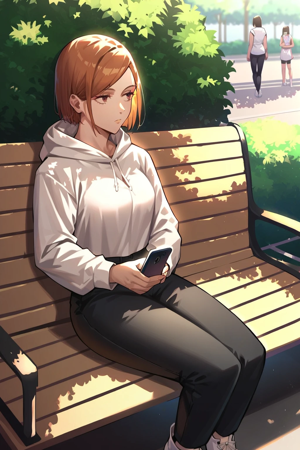 score_9, score_8, score_7_up, source_anime, detailed, nobara kugisaki, 1girl, expressionless, white hoddie, hood, black pants, sitting on bench, outdoors, public park, cellphone, holding cellphone, looking away