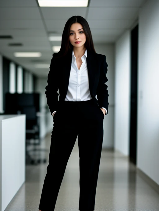 full body shot of business photo of Zeydcarey,<lora:Zeydcarey:1>,, pants, black attire, big breasts, collared shirt, tucked shirt. Professional attire, workplace setting, confident. Whole outfit, clear, sharp, balanced<lora:lcm-lora-sd15:1.0>