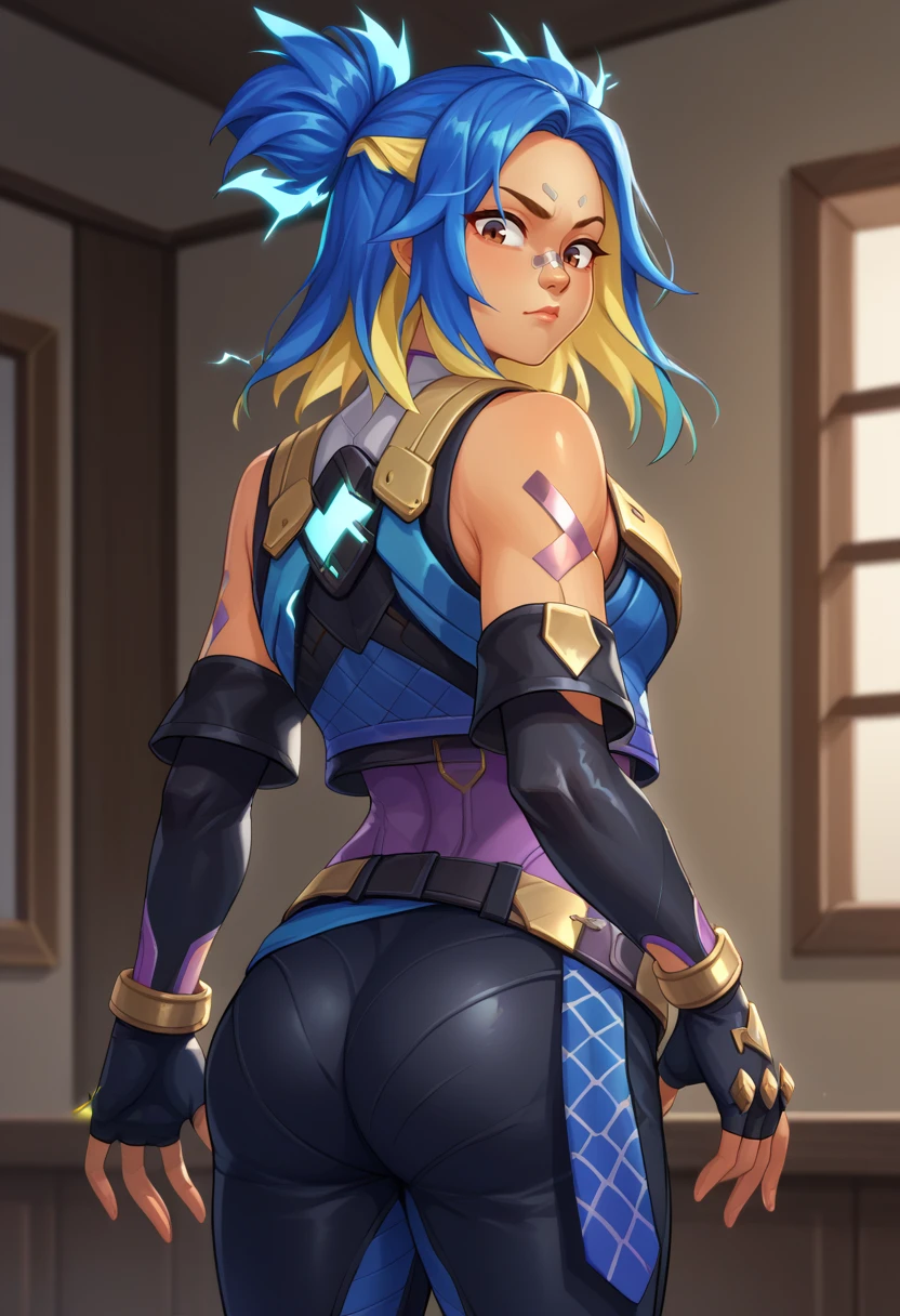 score_9,score_8_up,score_7_up BREAK <lora:neon:1>,neonSDXL,1girl,solo,blue hair,yellow hair,multicolred hair,gloves,bare shoulders,brown eyes,detached sleeves,black gloves,elbow gloves,belt,pants,fingerless gloves,streaked hair,black pants,silver bandaid,bandaid on face,olive skin,bandaid on nose,cowboy shot,room,room background,from behind,electricity,looking back,ass,