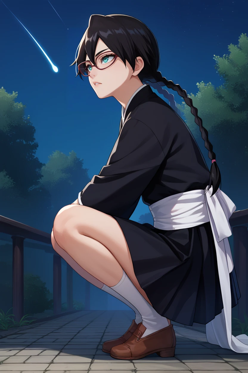 score_9, score_8_up, score_7_up, score_6_up, source_anime BREAK 1girl, solo <lora:yadoumarulisa-pdxl-nvwls-v1-000005:1> yadoumarulisa, black hair, aqua eyes, twin braids, glasses, black robes, white sash, black skirt, night sky, squatting, from side, looking up