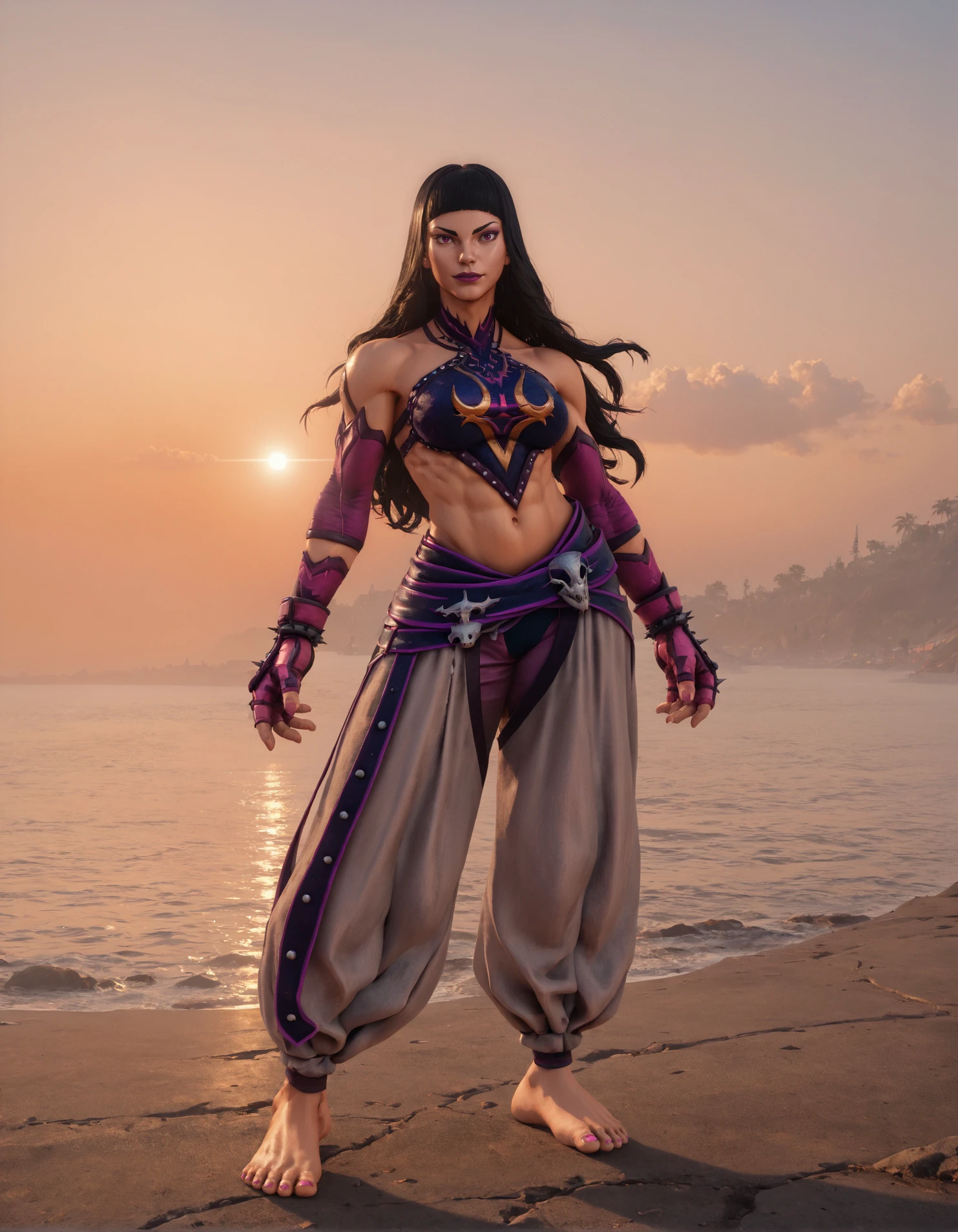 score_9, score_8_up, score_7_up,high res,full body,digital art,highly detailed,jrh woman,1girl,front view,beautiful sunrise background,sunny,volumetric lighting,standing,long hair,harem pants,harem topwear,gloves