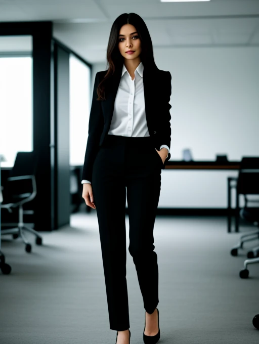 full body shot of business photo of Zeydcarey,<lora:Zeydcarey:1>,, pants, black attire, big breasts, collared shirt, tucked shirt. Professional attire, workplace setting, confident. Whole outfit, clear, sharp, balanced<lora:lcm-lora-sd15:1.0>