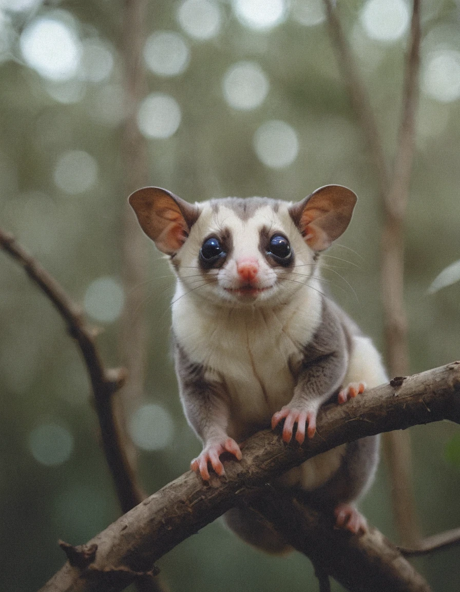 cinematic photography an adorable sugar glider in the upper branches of its forest