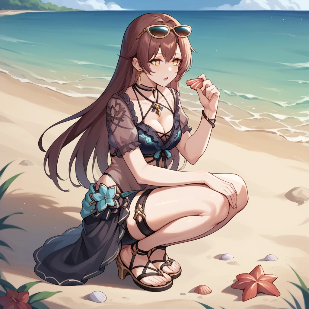 score_9_up, score_8_up, score_7_up, score_6up, source_anime, 1girl, solo, Eden, Eden_Swimsuit, masterpiece, best quality, squatting on sand, legs together, holding seashell, curious, open mouth, long hair, yellow eyes, brown hair, swimsuit, black bikini, see-through, sarong, black shorts, looking over eyewear, sandals, high heels, sunglasses, short sleeves, cleavage, earrings, dynamic cowboy shot, mature body, outdoors, beach ocean background,