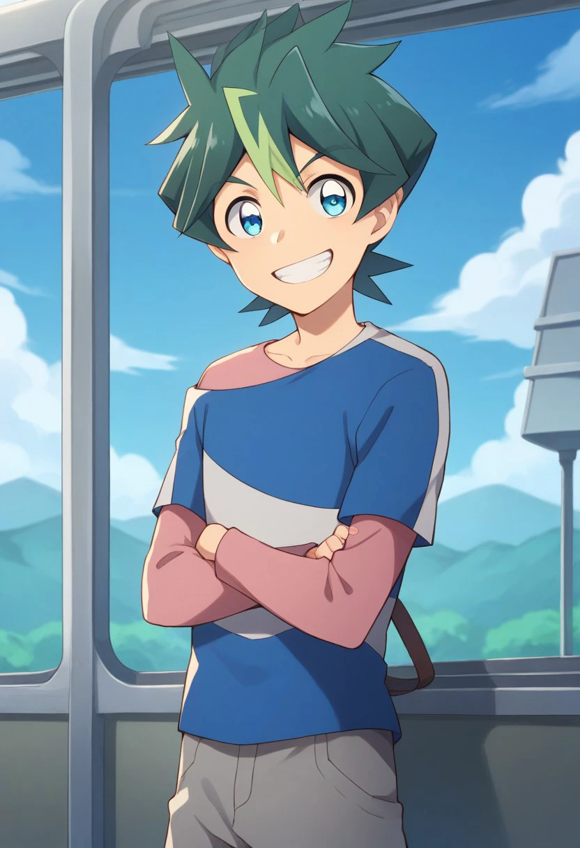 score_9, score_8_up, score_7_up, source_anime, highly detailed, 
shin, 1boy, male focus, solo, green hair, shorts, upper body, blue eyes, smile,
multicolored hair, shirt, pink shirt, long sleeves, blue shirt, stripes, short sleeves, standing, looking at viewer, grey shorts, spiked hair, upper body,
outdoor, train, sky, shinkansen, smile, grin,