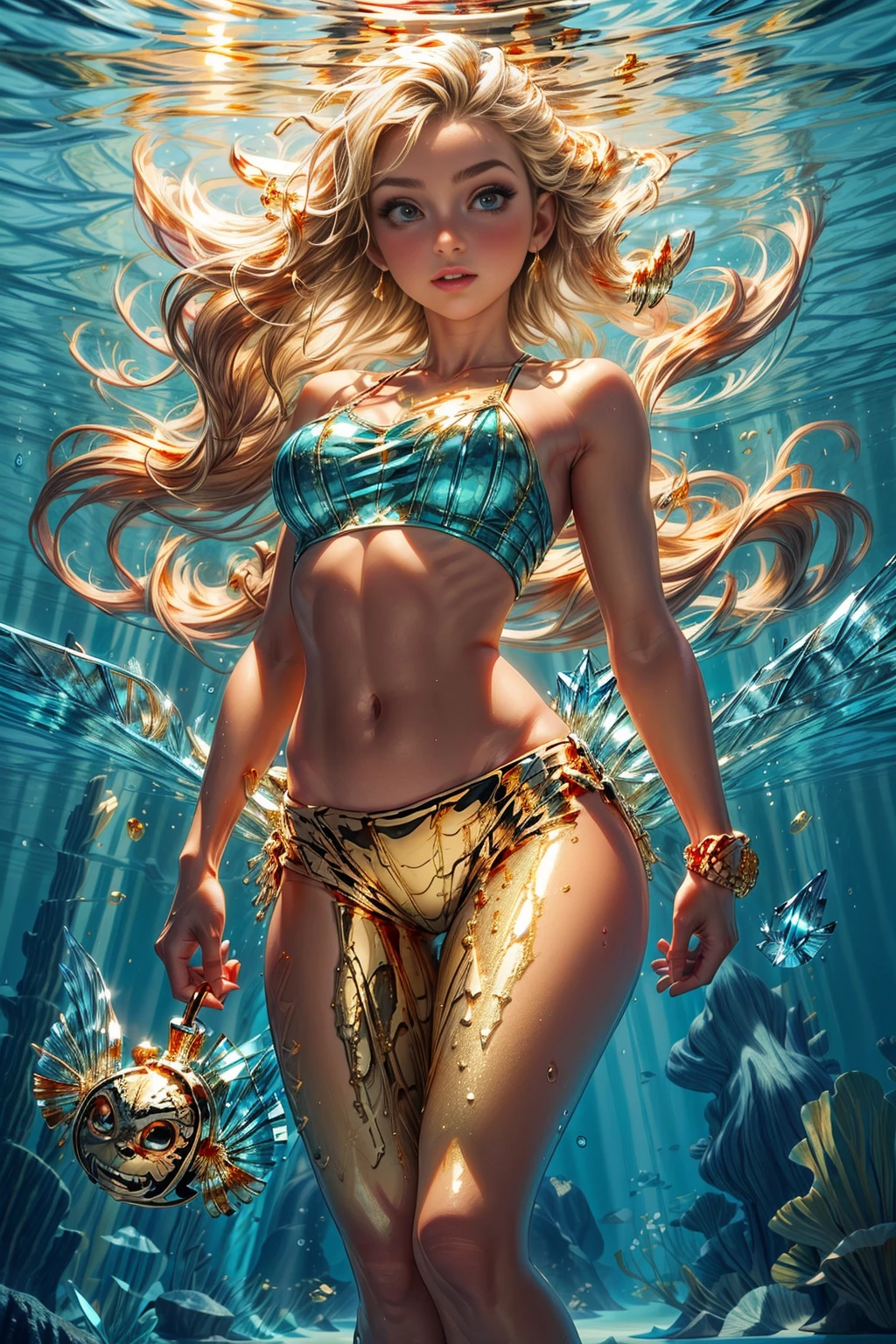 A mermaid queen beneath the waves, teen Emma Watson, blushing with ???????, a gold scale bra holds close to the shape of her body, her kingdom an underwater marvel of coral and light, surrounded by sea creatures, the water's play of light creating a dreamlike quality that enhances the sensual yet majestic nature of the scene.