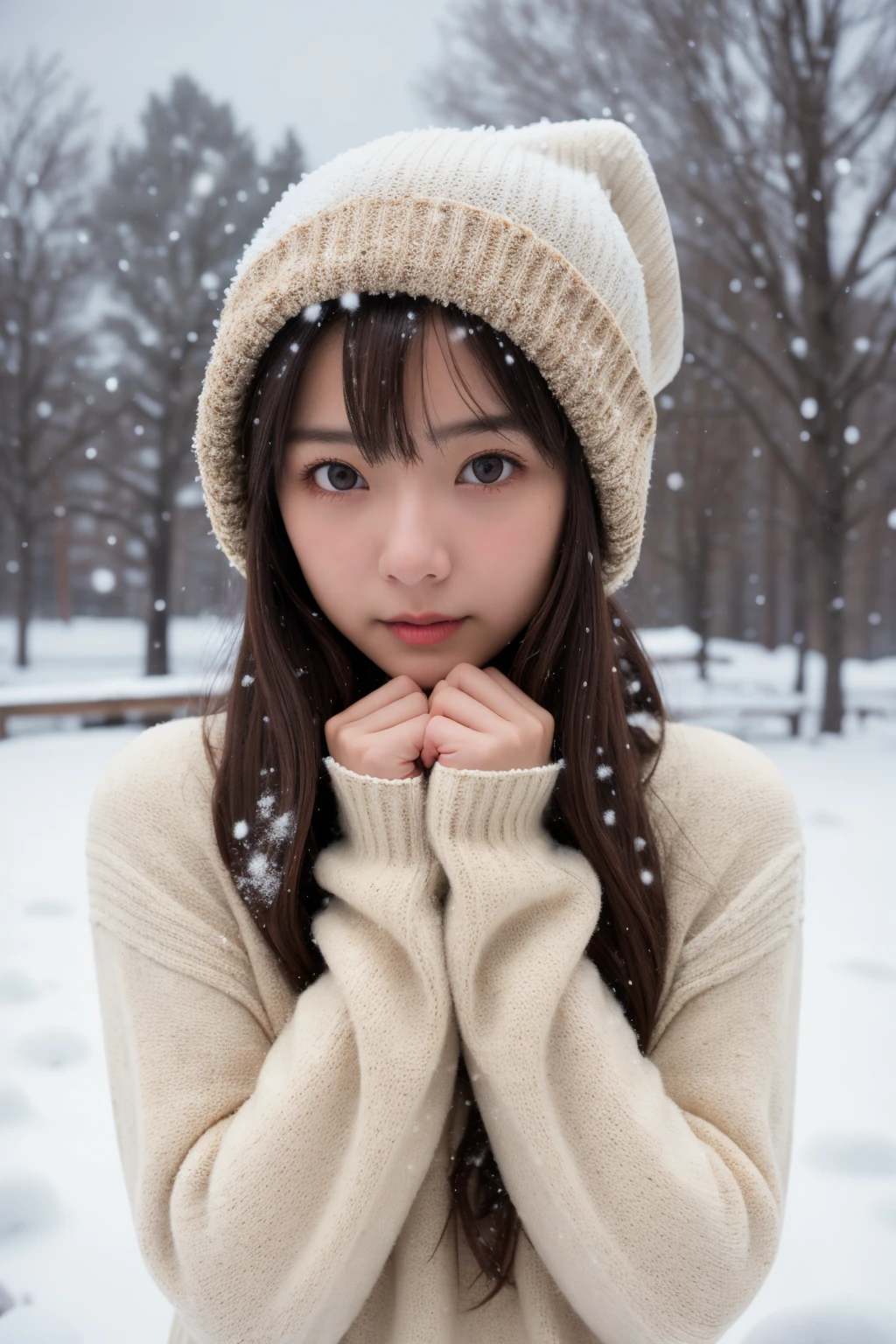 masterpiece, best quality, raw photo, realistic, adult girl, looking at viewer, supporting head on two hands, long hair, sweater, sweater hat,
extremely beautiful detailed face, best shadow, medium breasts, (cute face, temptations look), snowing, snowing background, (sepia photography),
(professional photo, balanced photo, high contract exposure)