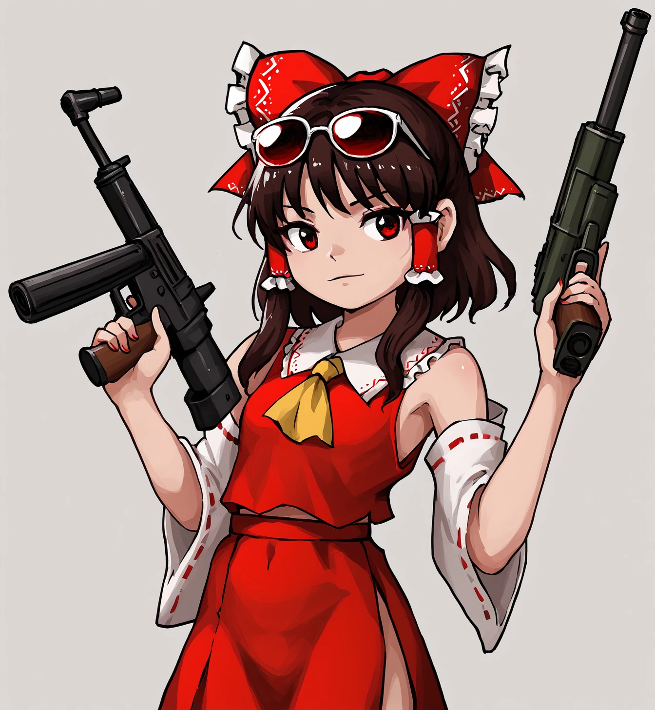 ,score_6_up,<lora:ZUN:0.8>,reimu,1girl,miko,red ribbon,hair tubes,red clothes, short hair,parody,ZUN,flat color,eyewear on head,sunglasses on head,,holding weapon, machine gun,solo,holding gun