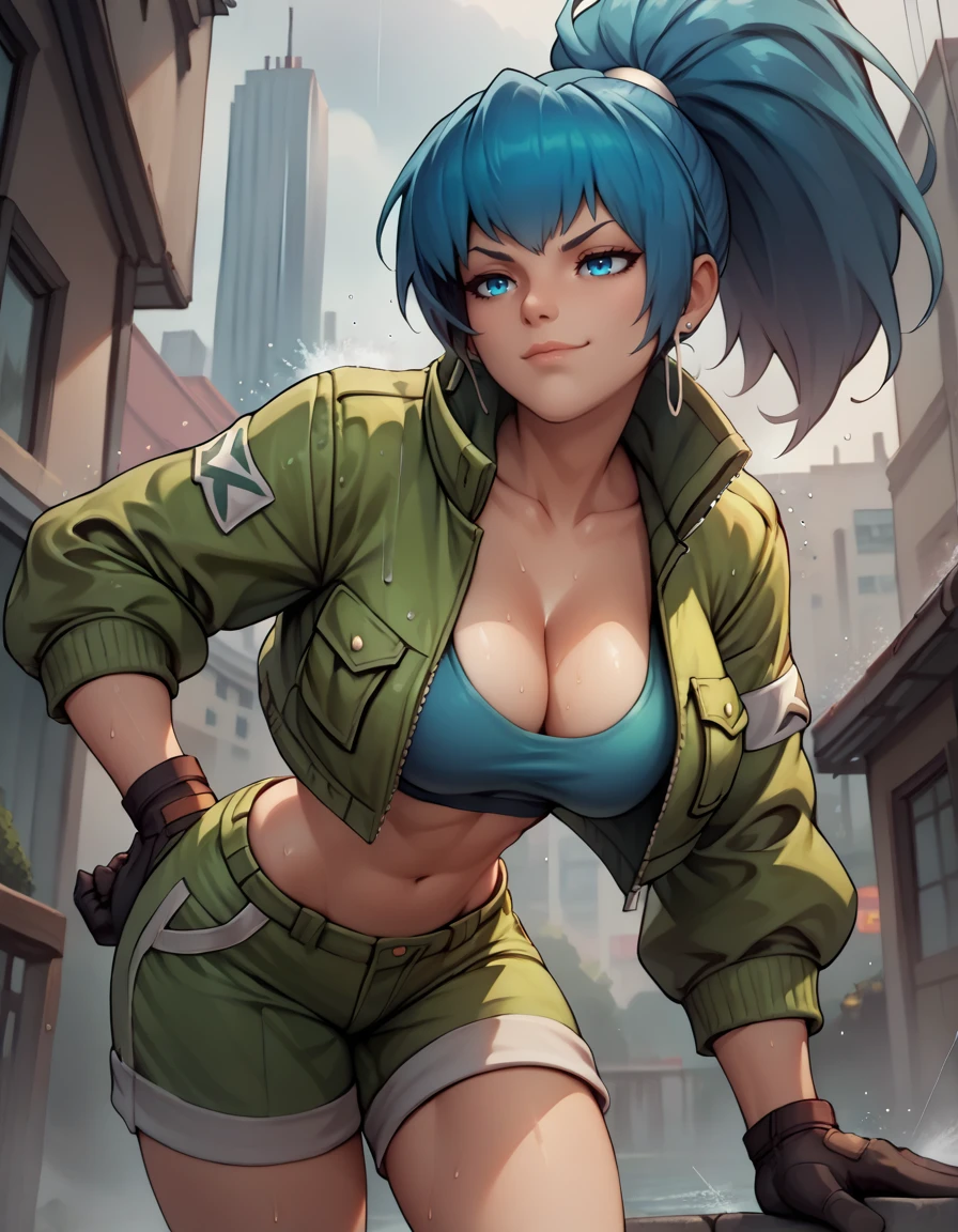 score_9, score_8_up, score_7_up,score_6_up, score_5_up, score_4_up , 1girl, solo,
large breasts,
leonakofdg,
blue eyes, blue hair, ponytail,
gloves, jacket, crop top, shorts,green jacket, green shorts,
leaning forward, hanging breasts, cleavage,
smug, half-closed eyes, 
city, rain, wet, 
from below,
 <lora:Leona KOF  PonyXL v01-000003:1>