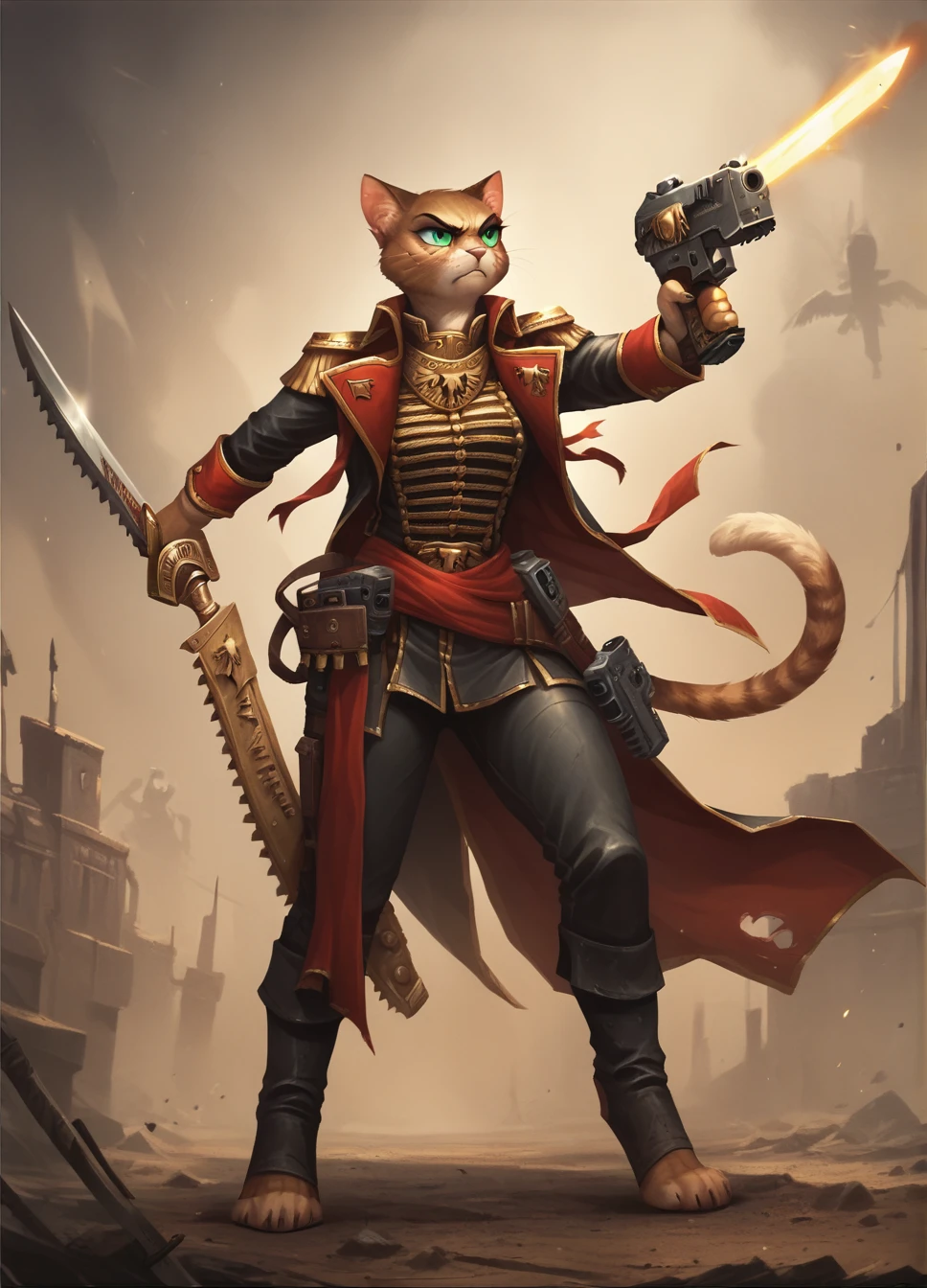 score_9, score_8_up, score_7_up, furry cat, female, warhammer40kcommissar, epaulettes, full body, weapon, gun, sword, handgun, shell casing, holding sword, holding bolt-pistol, firing weapon, <lora:Warhammer_40000_Commissar:1>