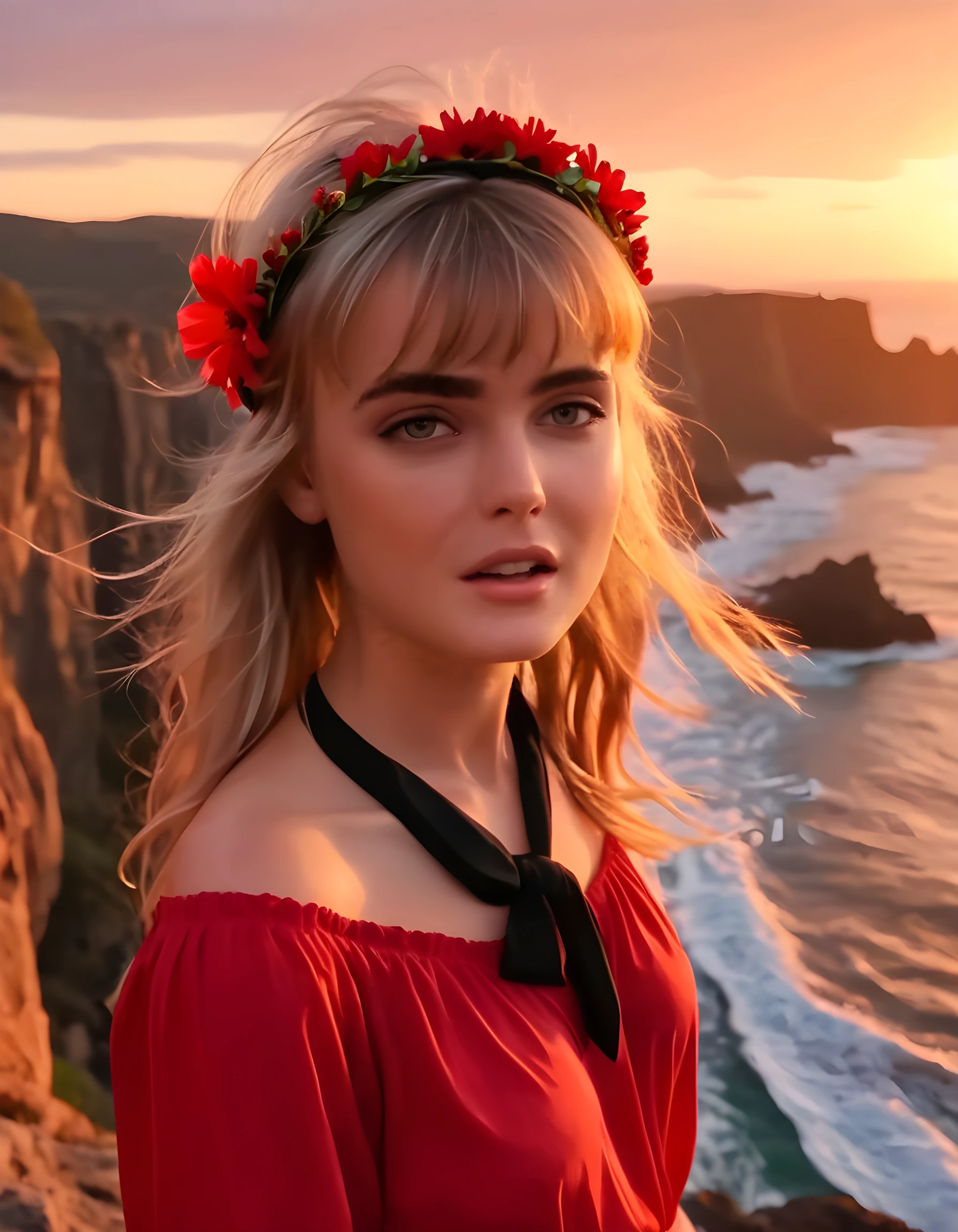 3R1C43L3N14K, A stunning, radiant young woman with cascading bangs framing her expressive face, dons a unique ensemble of a red shirt and a black necktie wrapped around her waist, standing at the edge of a rocky cliff overlooking an ethereal sunset-kissed ocean. The golden hour's warm light bathes her in a soft, dreamy glow, while the wind whips through her hair tied up with a vibrant, flower-adorned headband, creating a whimsical and captivating tableau that emanates an aura of adventurous spirit and unbridled passion.