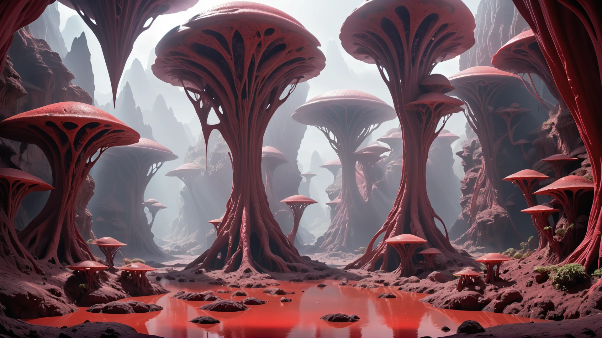 <lora:artfullyENVIRON_SDXL_V1:1>, alien planet, biome, environment setting, crimson caverns