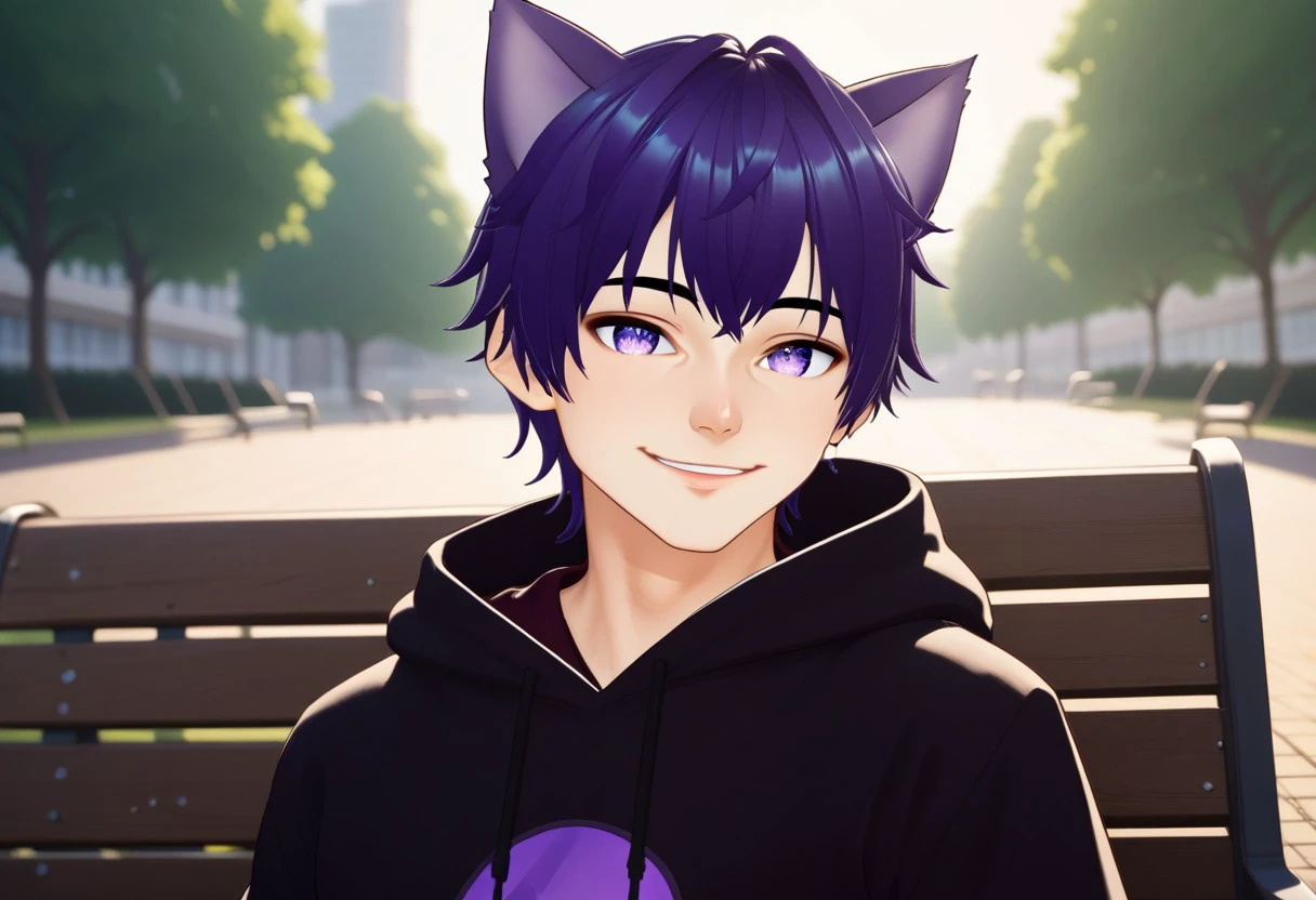 end_vtuber_dusk, 1boy, male focus, solo, animal ears, hoodie, hood, cat ears, purple eyes,  smile,  purple hair, sitting, park bench, virtual youtuber, gradient hair, specular highlights, side lighting, city view, outdoors, extreme light and shadow, cinematic lighting, cinematic angle, score_9, score_8_up, score_7_up, score_6_up, score_5_up, score_4_up,