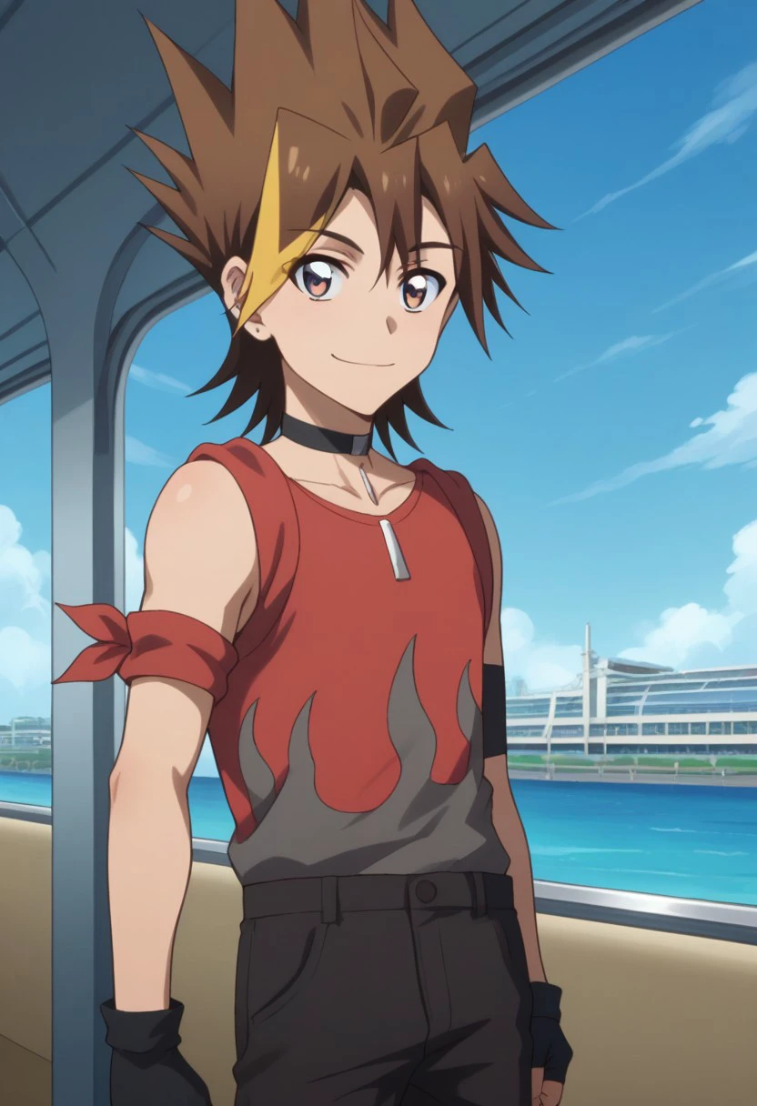 score_9, score_8_up, score_7_up, source_anime, highly detailed, 
hanabi, 
1boy male focus gloves, solo, brown hair, multicolored hair, fingerless gloves,
black gloves, smile, pants, spiked hair, choker, blonde hair, shirt, armband, upper body, jewelry, red shirt, standing, earrings, bangs, sleeveless, black pants, looking at viewer,
outdoor, sky, blue sky, train, shinkansen