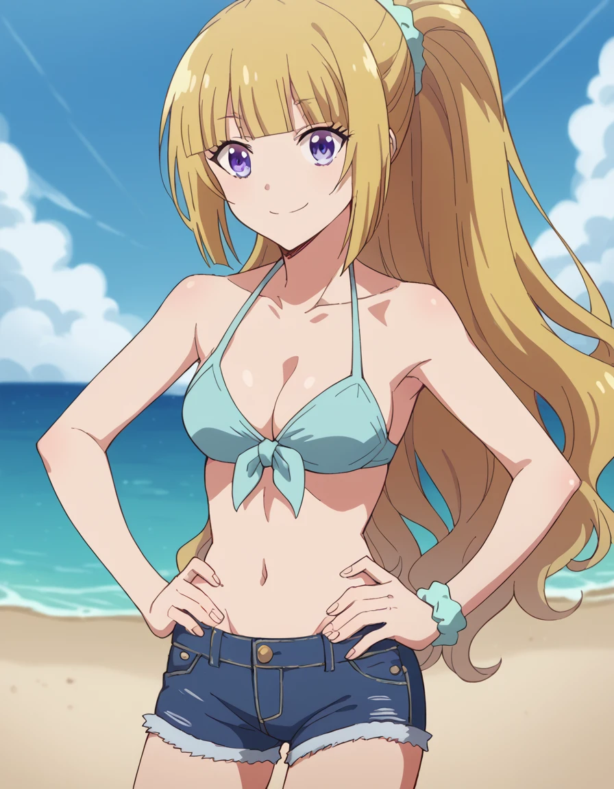 score_9, score_8_up, score_7_up, source_anime, keikaruizawa, <lora:kei-karuizawa-anime-s2-ponyxl-lora-nochekaiser:1>, kei karuizawa, long hair, bangs, blunt bangs, purple eyes, blonde hair, hair ornament, ponytail, scrunchie, blue scrunchie,, <lora:cutoff-jeans-ponyxl-lora-nochekaiser:1>, cutoff jeans, cutoffs, denim shorts, bikini, bikini top, cleavage, navel,, beach, smile, hands on hips,, cowboy shot,