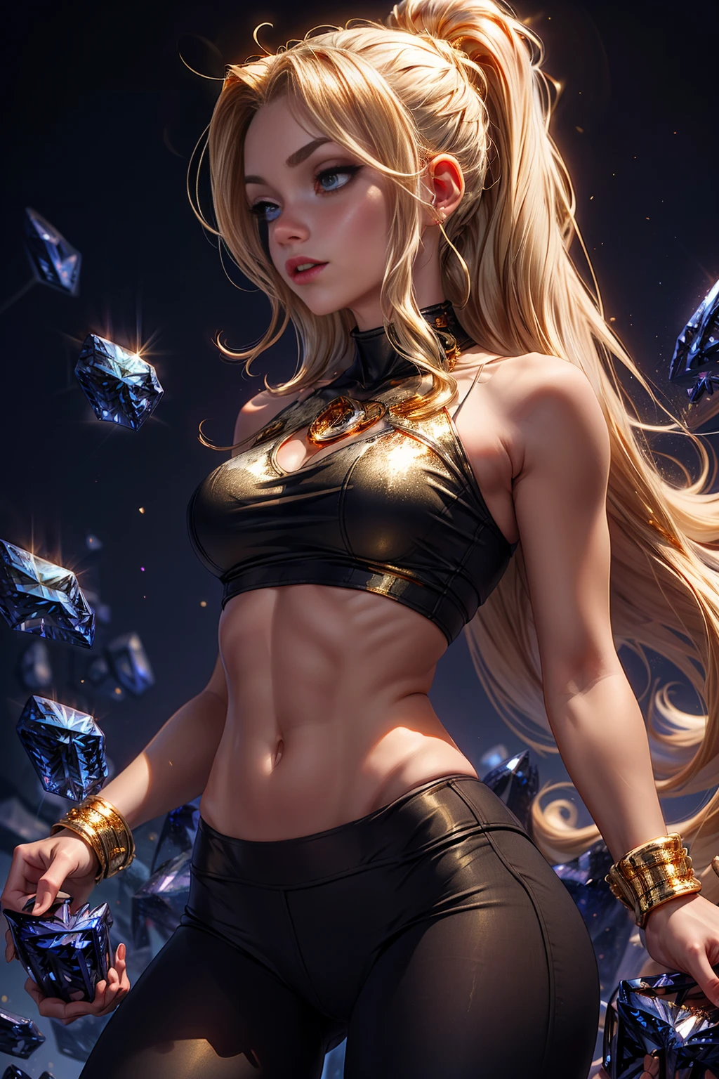 <lora:GoldTanzaniteWorld:1> (blonde long hair:1.6) Tower13_Beekeenee ( skinny, slim, (abs:0.9), slender, narrow waist:1.4) (GoldTanzaniteWorld sexy clothes :1.5),  ( GoldTanzaniteWorld A fantastical realm with a wizard witches and colorful characters. :1.5),   <lora:more_details:0.75>